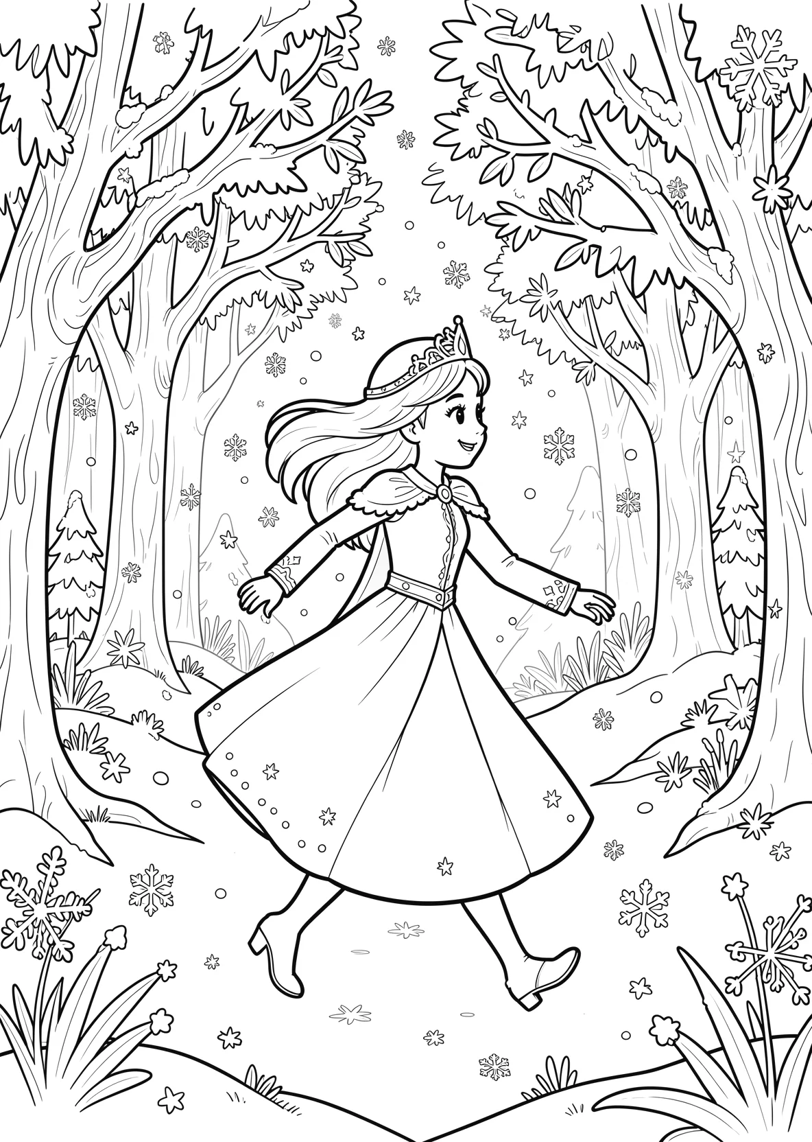 Ausmalbild Junge Eisprinzessin läuft durch einen Winterwald - Ausmalbild aus der Kategorie Maerchen - kostenlos ausdrucken