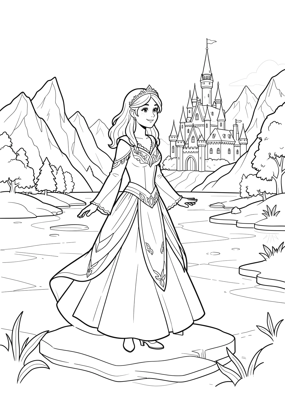 Ausmalbild Eisprinzessin steht auf einem gefrorenen See mit - Ausmalbild aus der Kategorie Maerchen - kostenlos ausdrucken