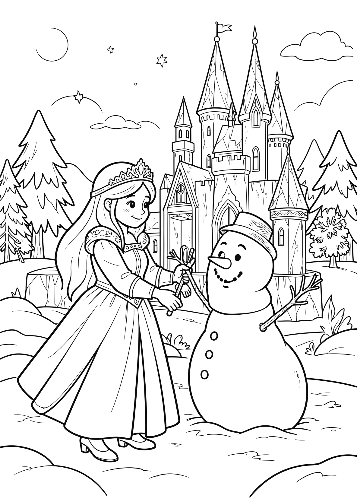 Ausmalbild Magische Eisprinzessin baut einen Schneemann vor - Ausmalbild aus der Kategorie Maerchen - kostenlos ausdrucken
