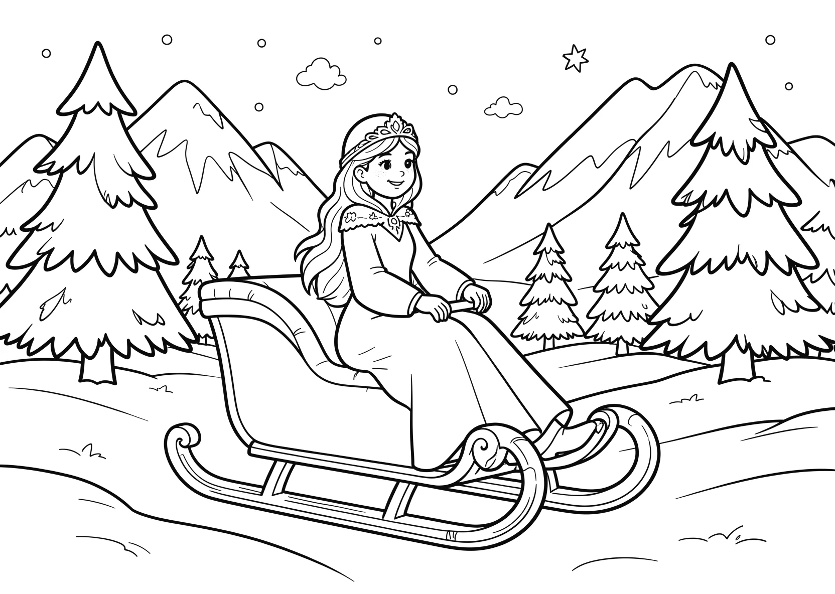 Ausmalbild Eisprinzessin sitzt auf einem Schlitten in einer - Ausmalbild aus der Kategorie Maerchen - kostenlos ausdrucken
