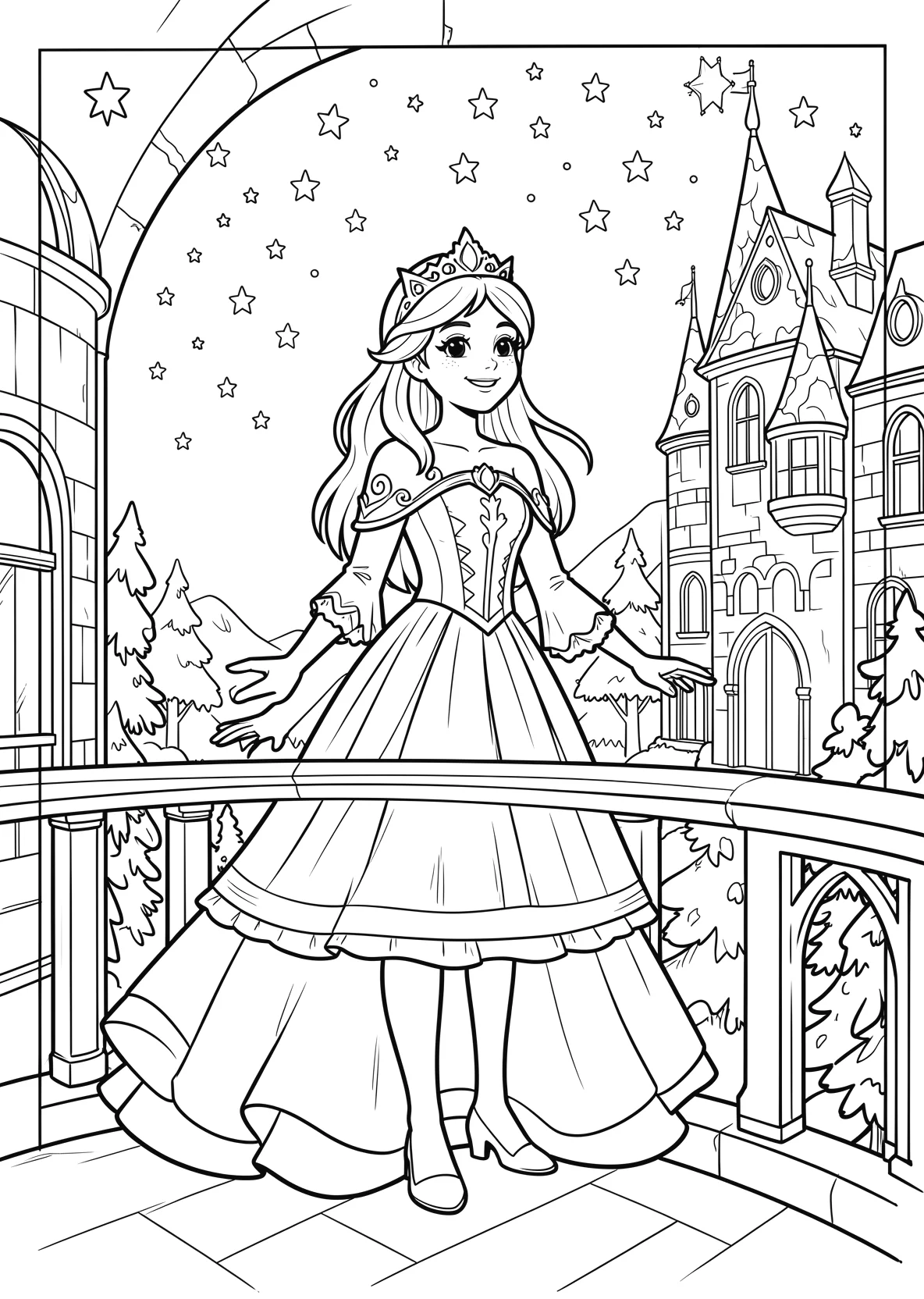Ausmalbild Eisprinzessin steht auf einem Balkon eines - Ausmalbild aus der Kategorie Maerchen - kostenlos ausdrucken