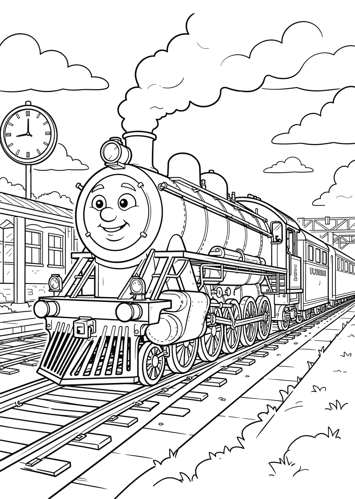 Ausmalbild Dampflok mit Gesicht steht an einem Bahnhof mit - Ausmalbild aus der Kategorie Fahrzeuge - kostenlos ausdrucken