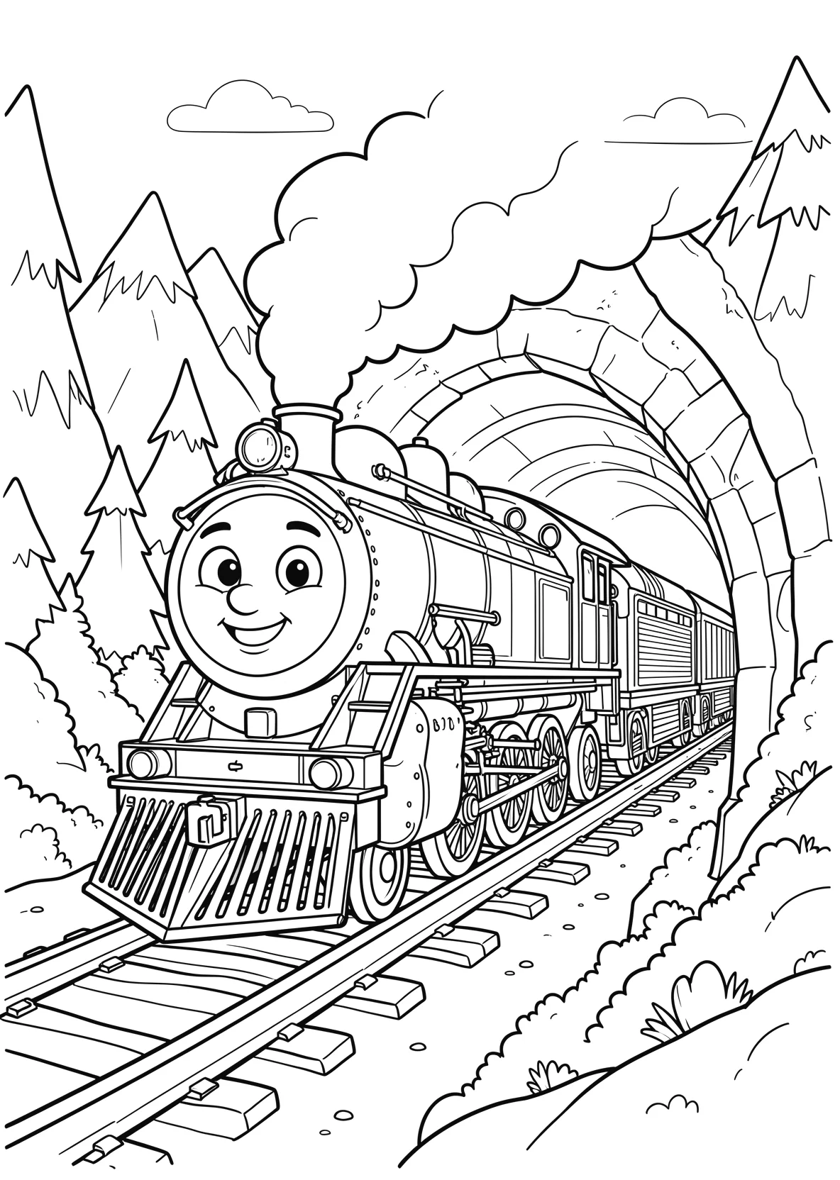 Ausmalbild Bunte Lokomotive mit Gesicht fährt durch einen - Ausmalbild aus der Kategorie Fahrzeuge - kostenlos ausdrucken