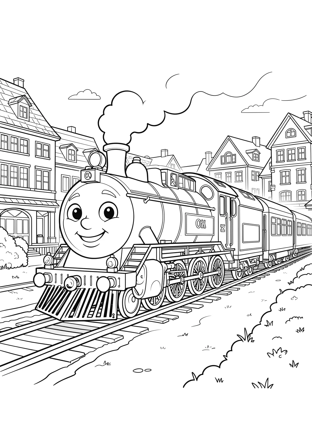 Ausmalbild Freundliche Lokomotive mit Gesicht fährt durch - Ausmalbild aus der Kategorie Fahrzeuge - kostenlos ausdrucken