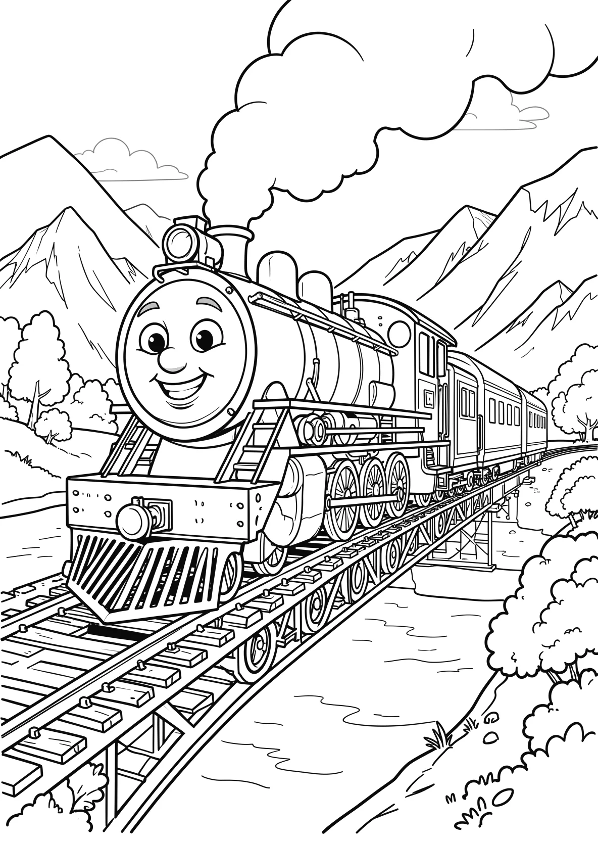 Ausmalbild Freundliche Dampflok mit einem großen lächelnden - Ausmalbild aus der Kategorie Fahrzeuge - kostenlos ausdrucken