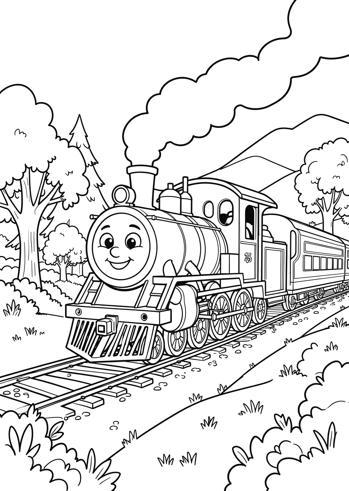 Ausmalbild Fröhliche kleine Lokomotive mit Gesicht fährt - Ausmalbild aus der Kategorie Fahrzeuge - kostenlos ausdrucken