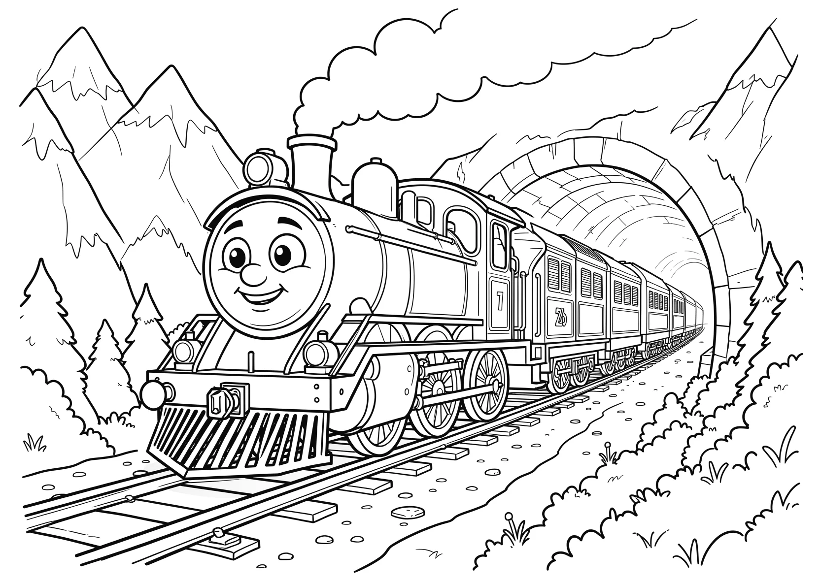 Ausmalbild Bunte Lokomotive mit Gesicht fährt durch einen - Ausmalbild aus der Kategorie Fahrzeuge - kostenlos ausdrucken