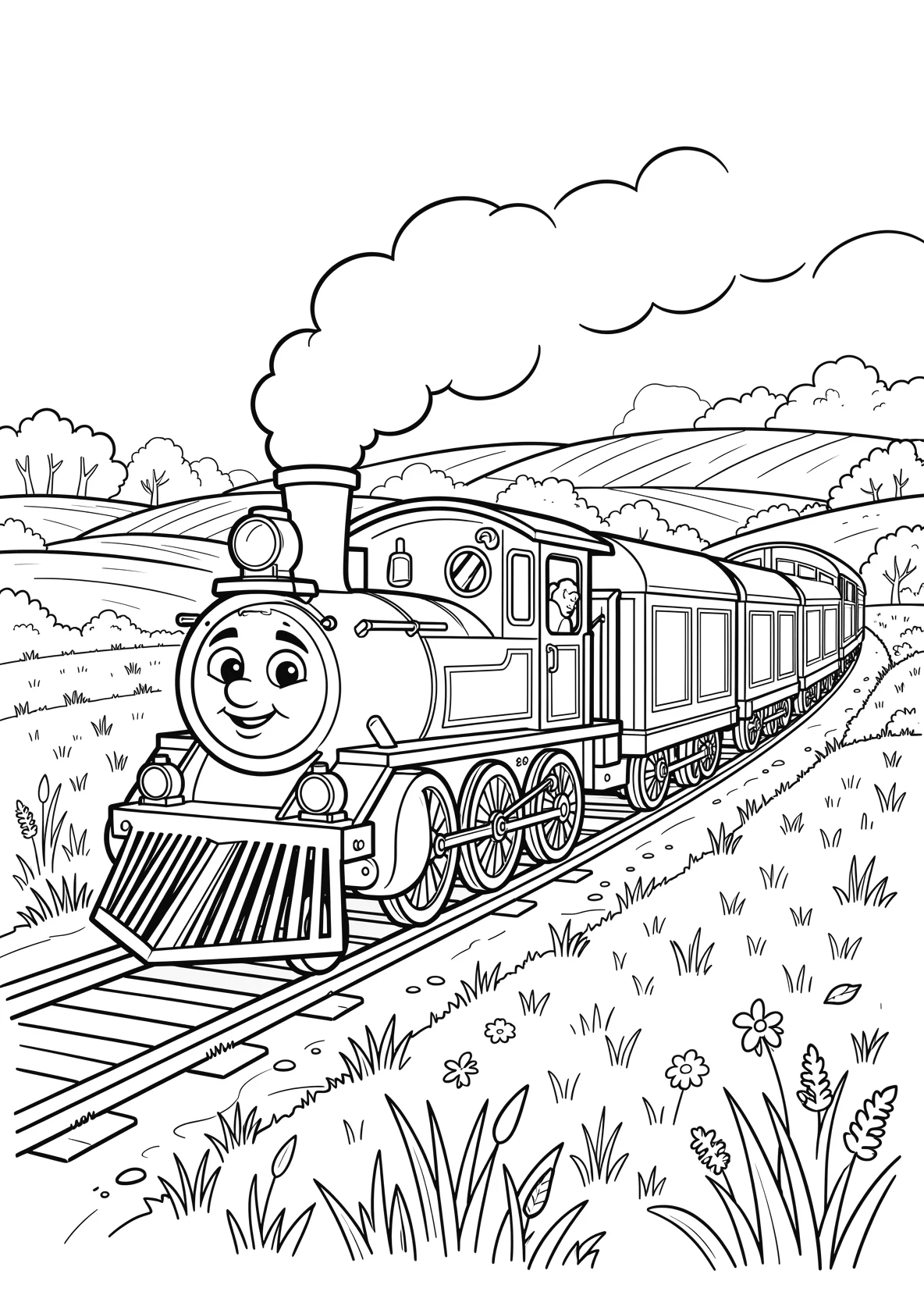 Ausmalbild Kleine Lokomotive mit Gesicht zieht mehrere - Ausmalbild aus der Kategorie Fahrzeuge - kostenlos ausdrucken