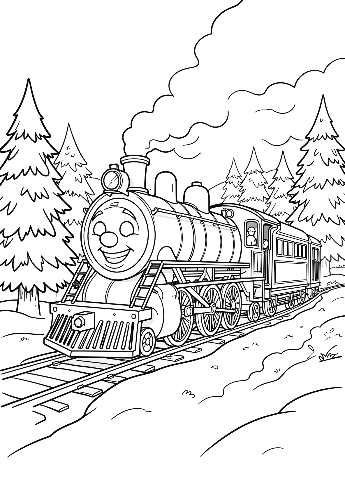 Ausmalbild Fröhliche Dampflok mit Gesicht fährt durch eine - Ausmalbild aus der Kategorie Fahrzeuge - kostenlos ausdrucken