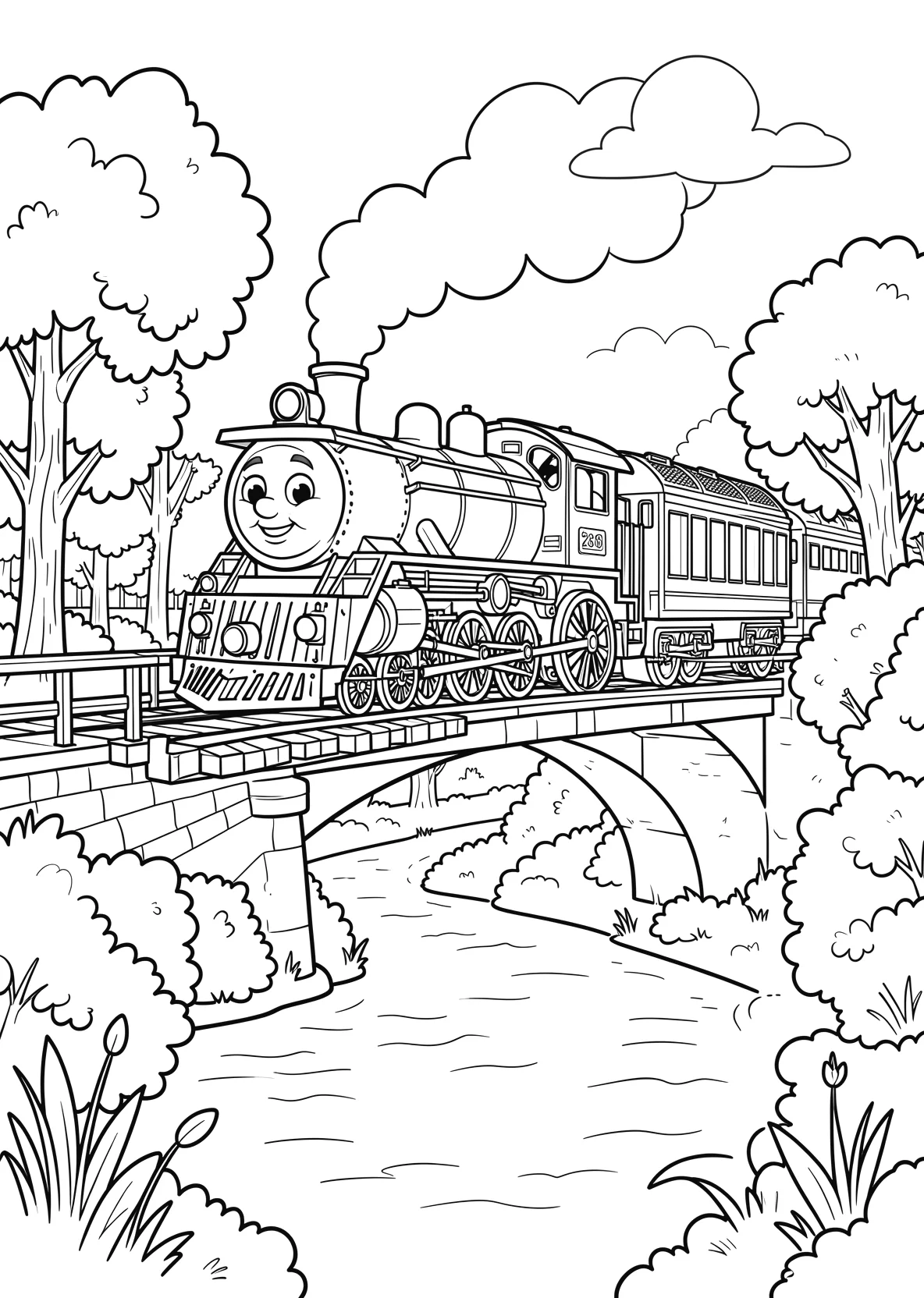 Ausmalbild Lokomotive mit Gesicht fährt über eine Brücke - Ausmalbild aus der Kategorie Fahrzeuge - kostenlos ausdrucken