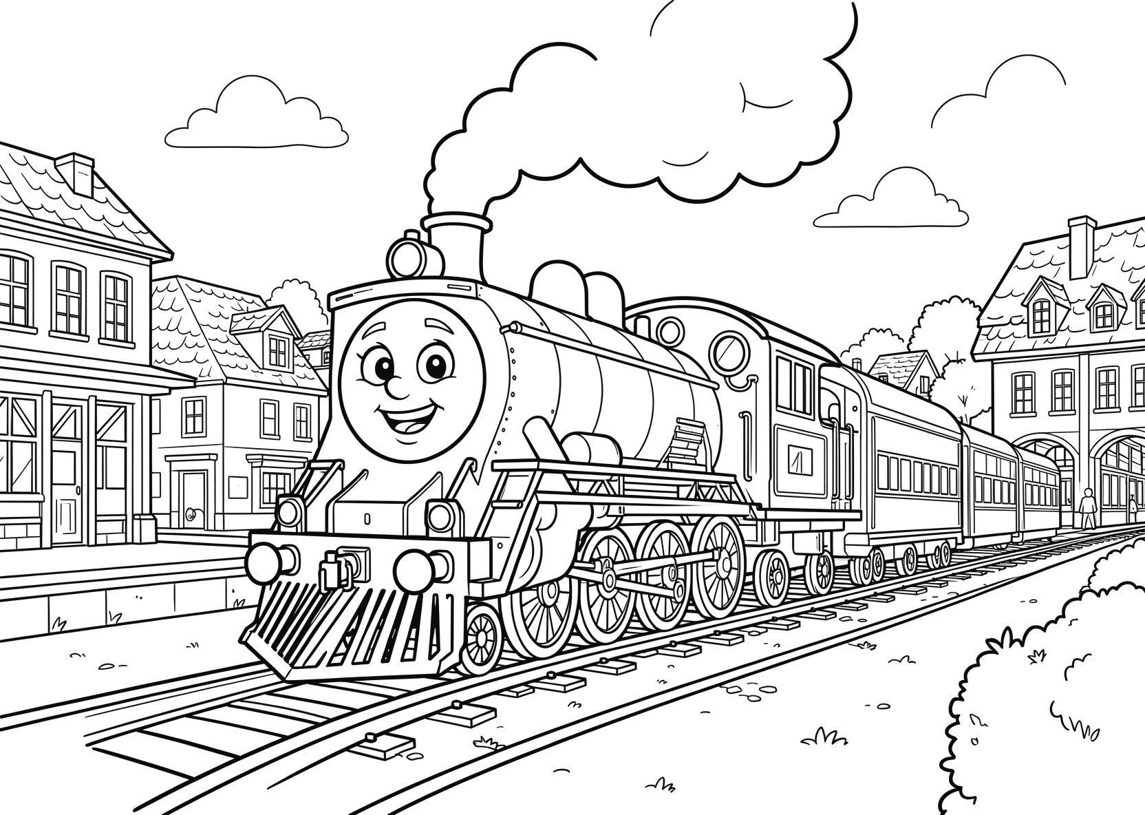 Ausmalbild Freundliche Lokomotive mit Gesicht fährt durch - Ausmalbild aus der Kategorie Fahrzeuge - kostenlos ausdrucken