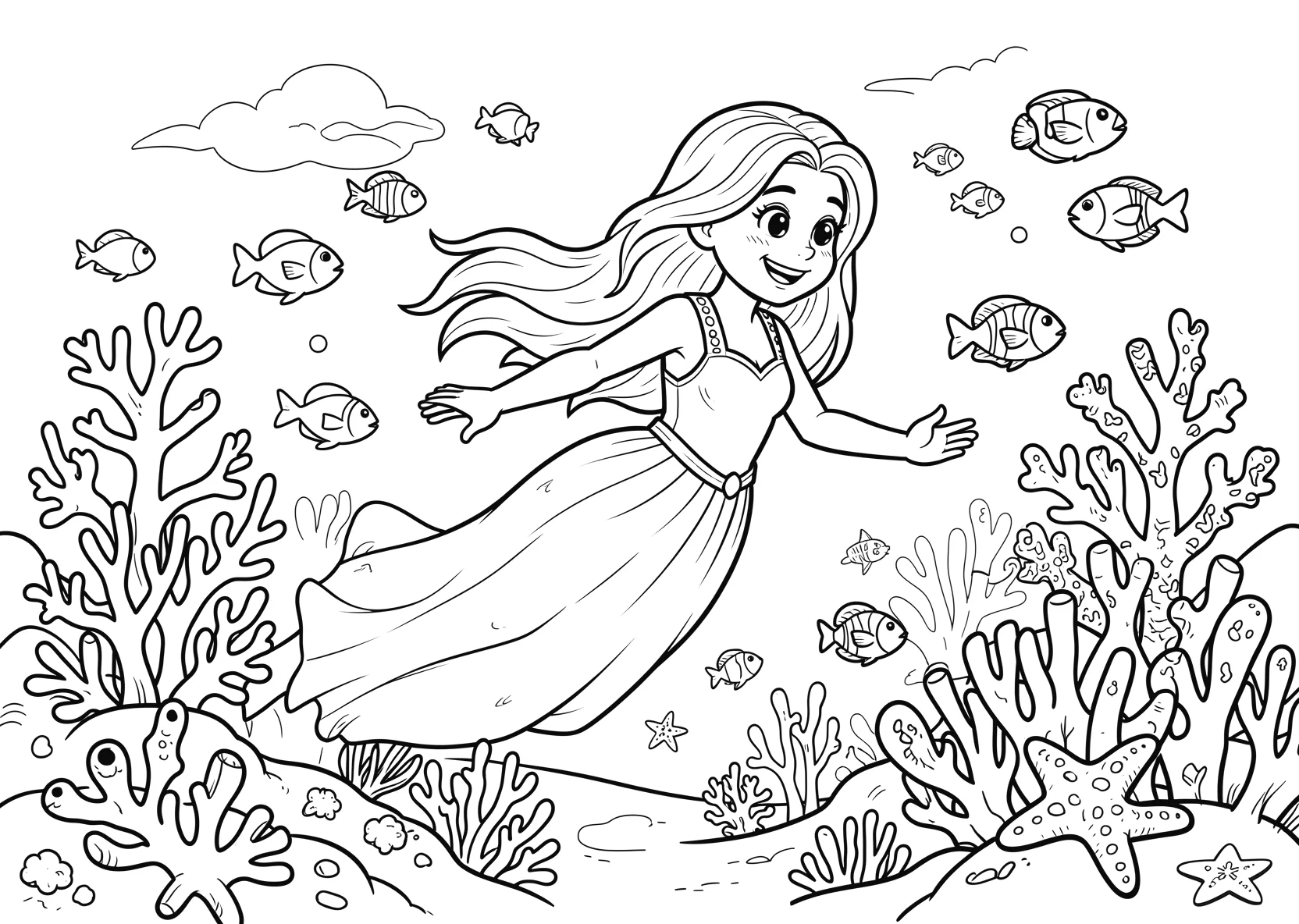 Ausmalbild Freundliche Meerprinzessin schwimmt durch ein - Ausmalbild aus der Kategorie Maerchen - kostenlos ausdrucken