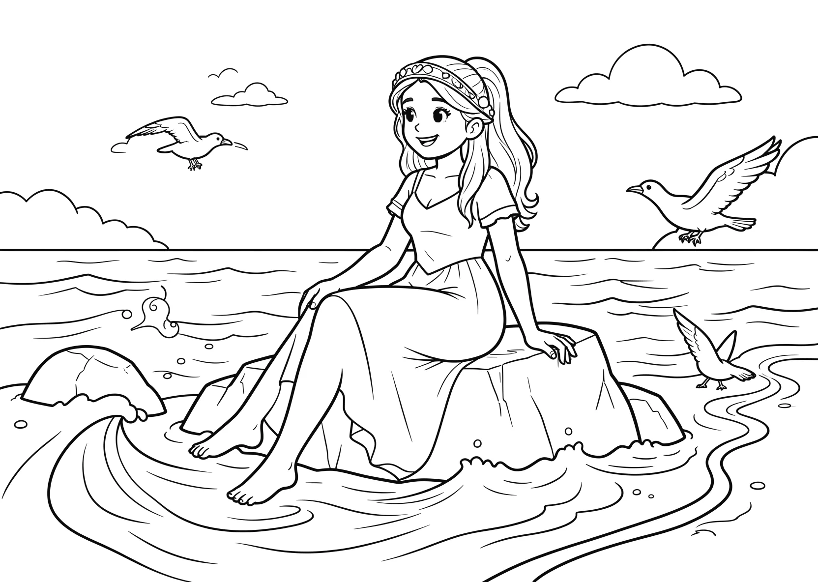 Ausmalbild Meerprinzessin sitzt auf einem Felsen am Strand - Ausmalbild aus der Kategorie Maerchen - kostenlos ausdrucken