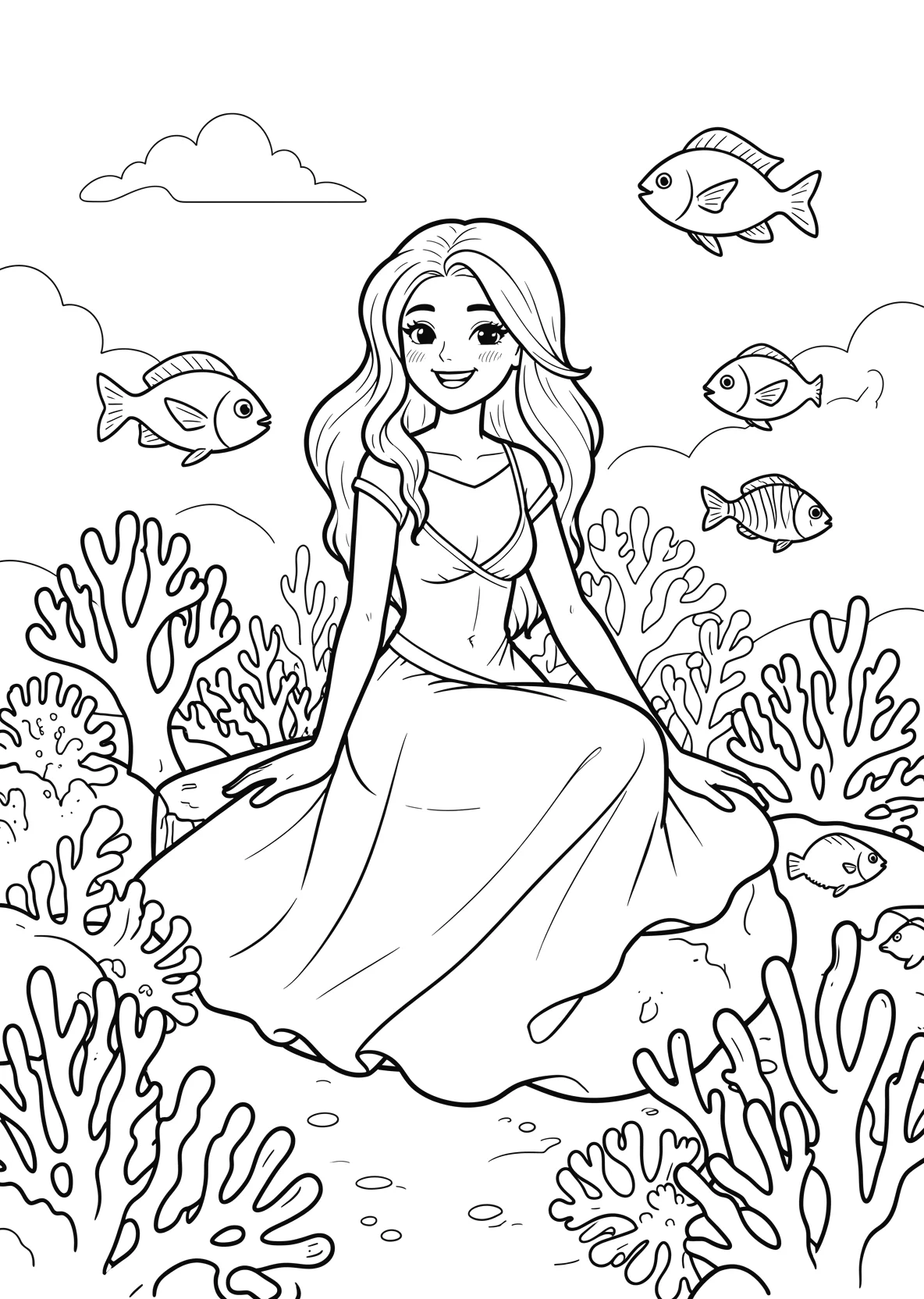 Ausmalbild Meerprinzessin sitzt auf einem Korallenriff mit - Ausmalbild aus der Kategorie Maerchen - kostenlos ausdrucken