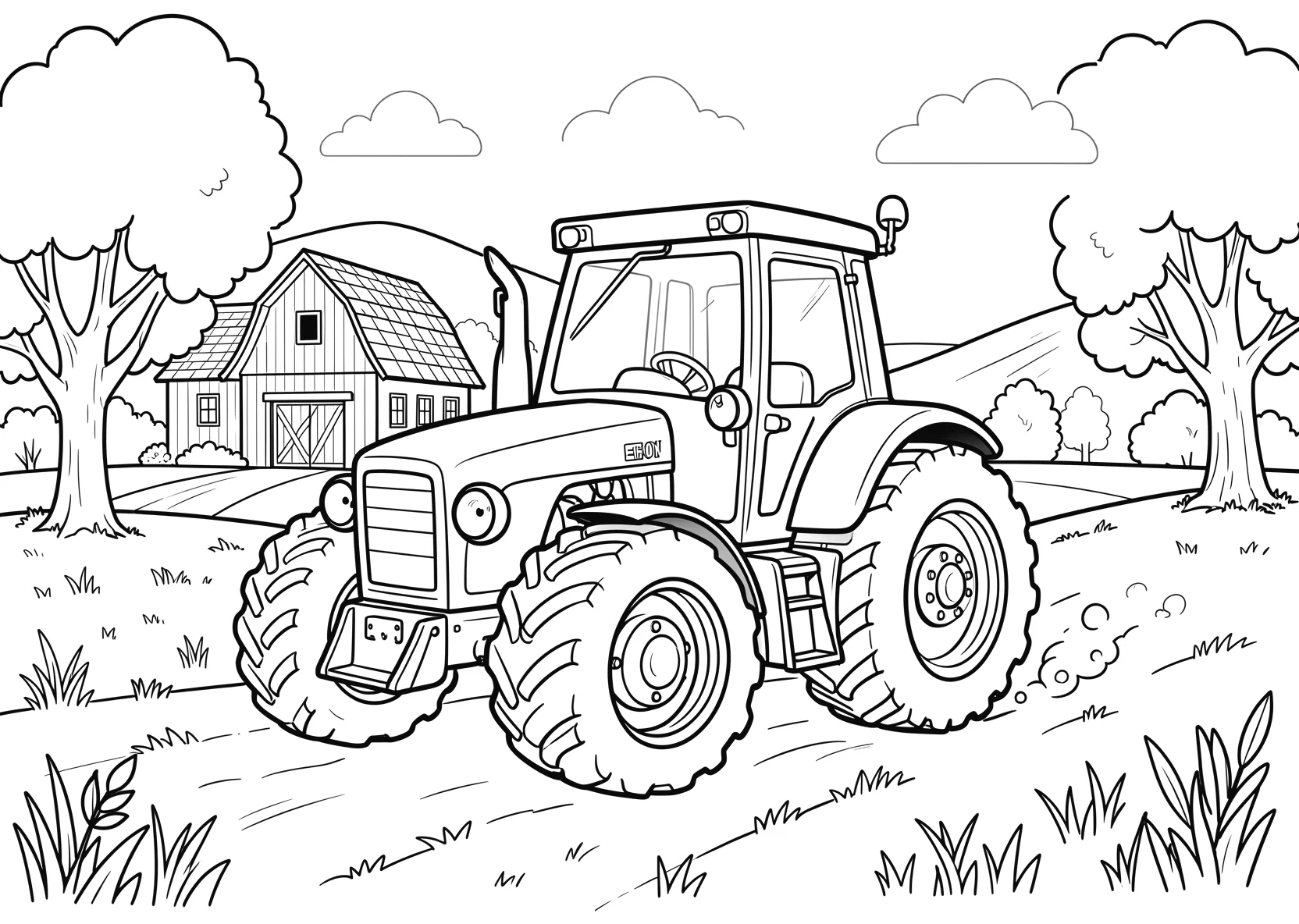 Ausmalbild Lustiger Traktor mit Gesicht fährt über ein Feld - Ausmalbild aus der Kategorie Fahrzeuge - kostenlos ausdrucken