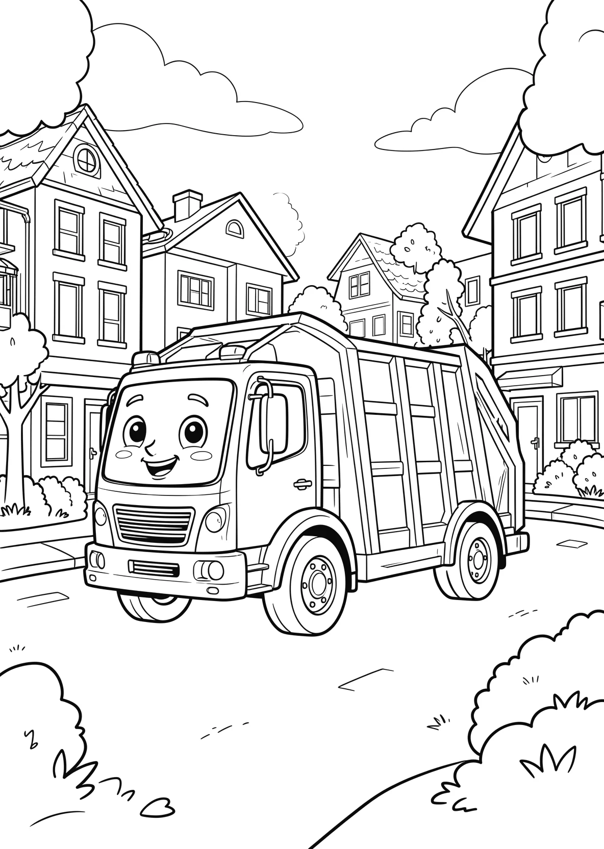 Ausmalbild Müllwagen mit Gesicht fährt durch eine Straße mit - Ausmalbild aus der Kategorie Fahrzeuge - kostenlos ausdrucken