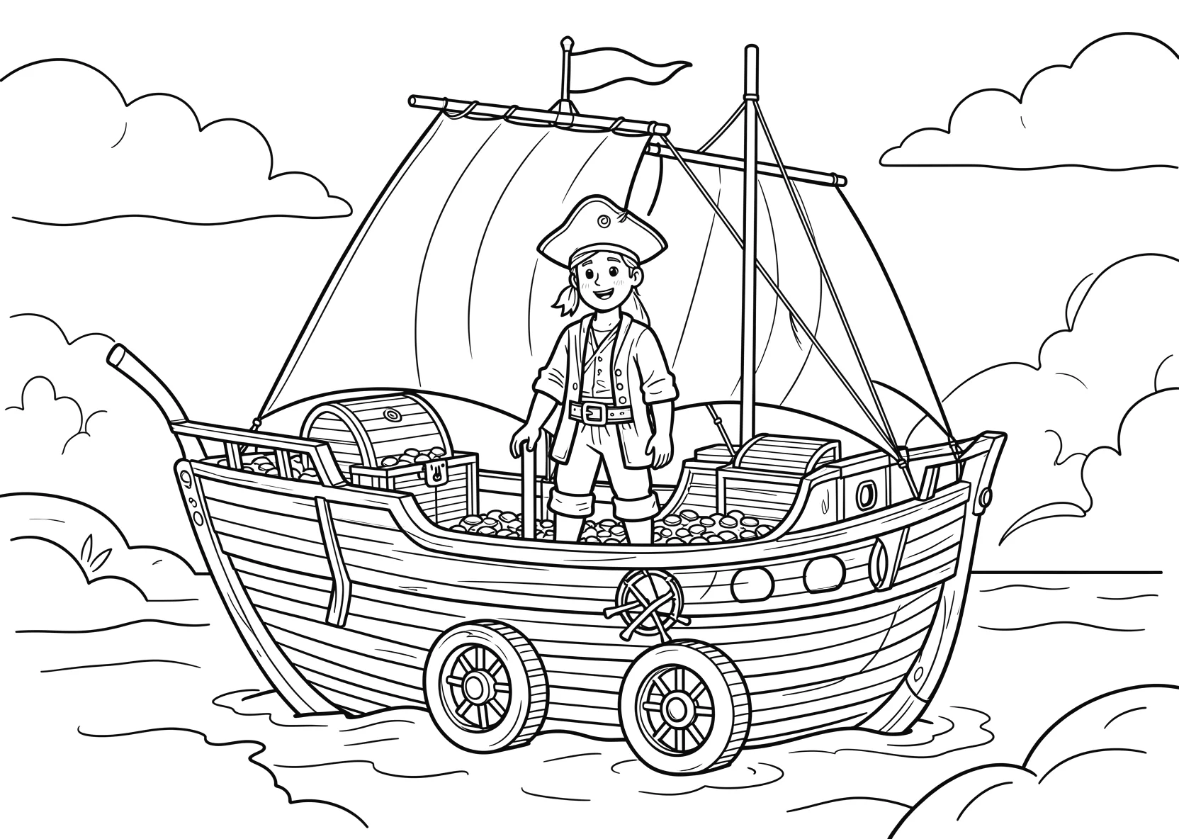 Ausmalbild Pirat steht auf einem Piratenschiff mit Segeln - Ausmalbild aus der Kategorie Maerchen - kostenlos ausdrucken