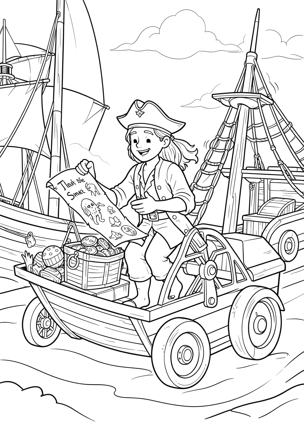 Ausmalbild Pirat entdeckt eine Schatzkarte auf einem Schiff - Ausmalbild aus der Kategorie Maerchen - kostenlos ausdrucken