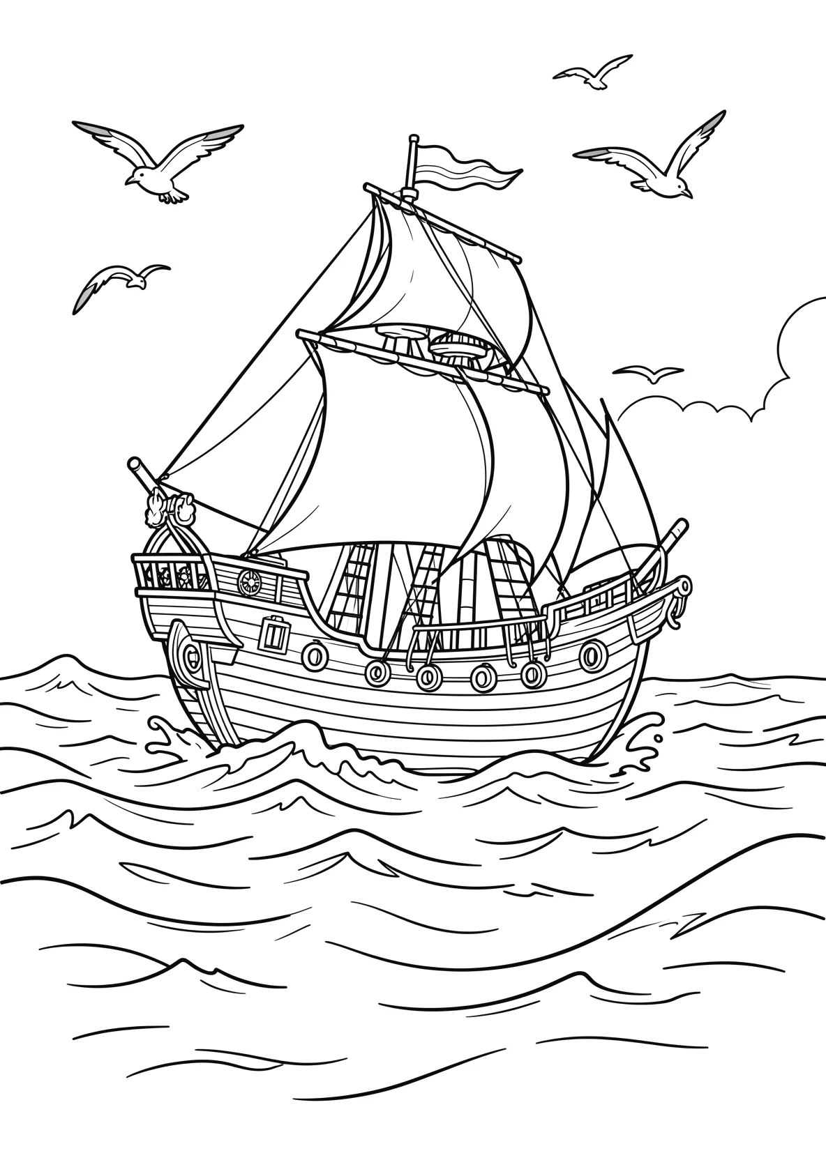 Ausmalbild Piratenschiff fährt über das Meer mit Wellen - Ausmalbild aus der Kategorie Maerchen - kostenlos ausdrucken