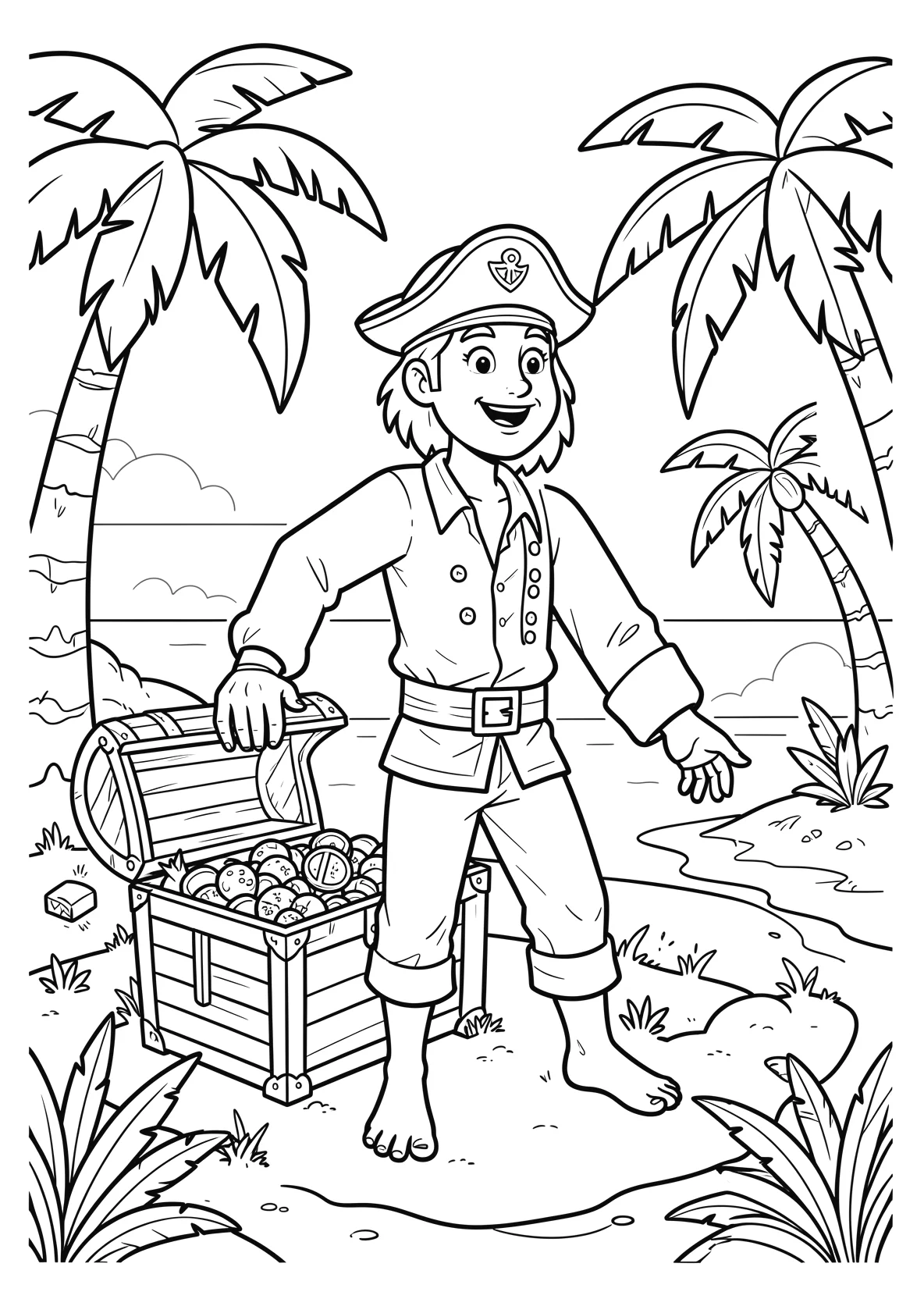 Ausmalbild Pirat findet eine Schatztruhe auf einer Insel mit - Ausmalbild aus der Kategorie Maerchen - kostenlos ausdrucken
