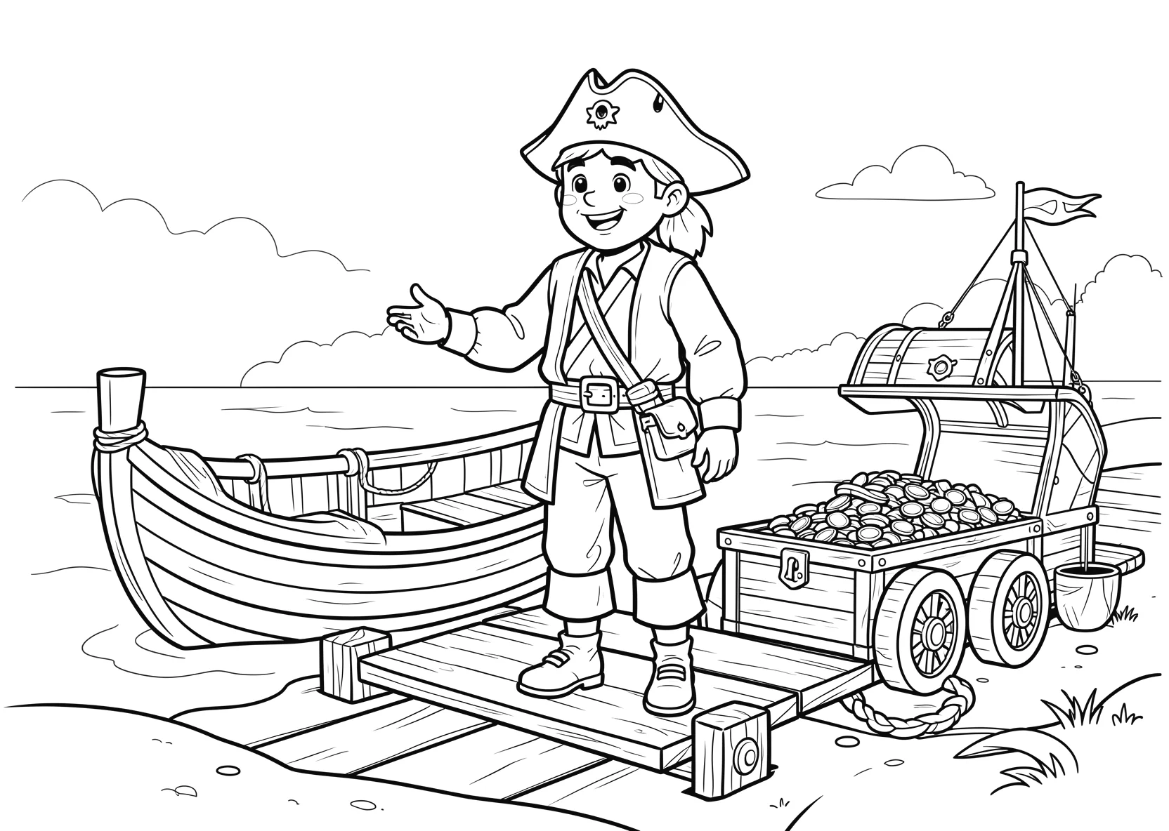 Ausmalbild Pirat steht auf einem Steg mit Boot - Ausmalbild aus der Kategorie Maerchen - kostenlos ausdrucken