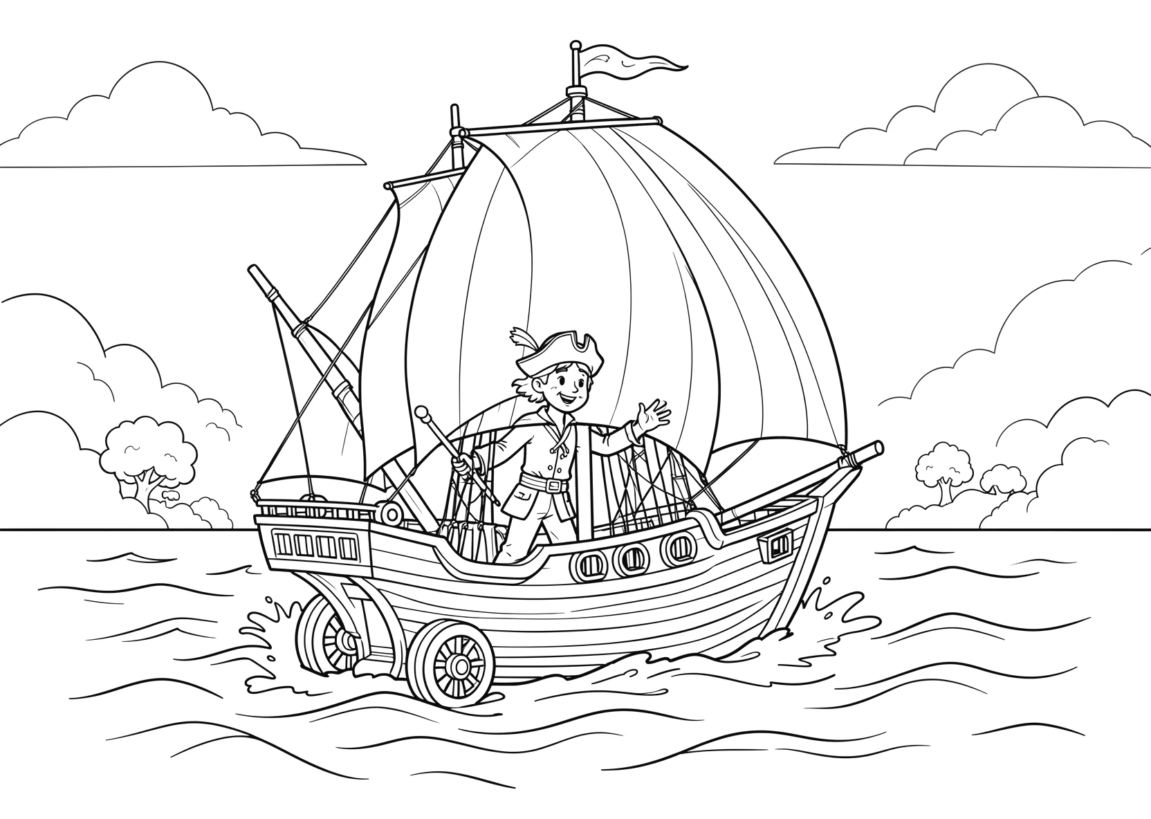 Ausmalbild Pirat segelt über das Meer mit großen Segeln - Ausmalbild aus der Kategorie Maerchen - kostenlos ausdrucken