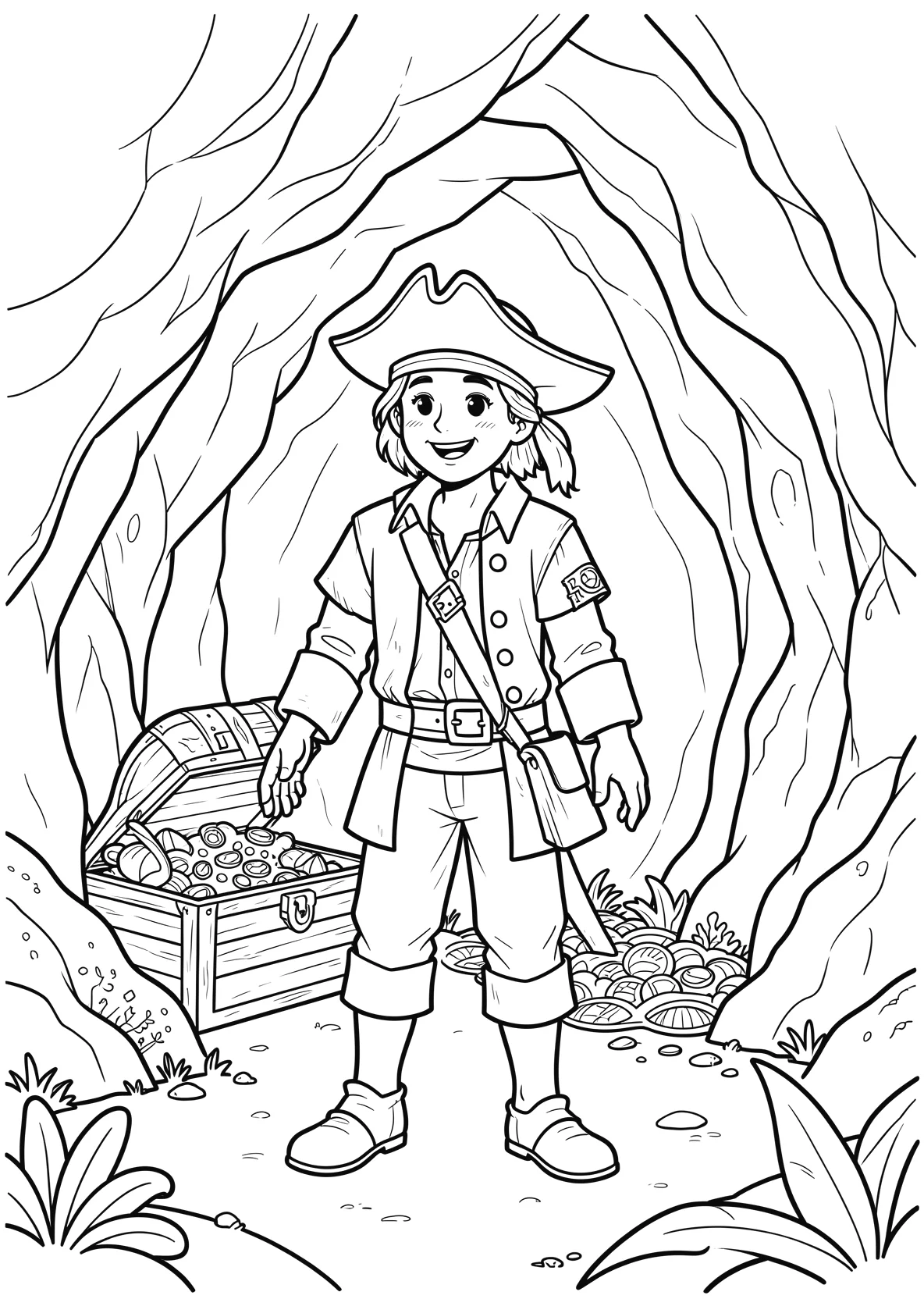 Ausmalbild Pirat steht vor einer Höhle mit Schatzkiste - Ausmalbild aus der Kategorie Maerchen - kostenlos ausdrucken