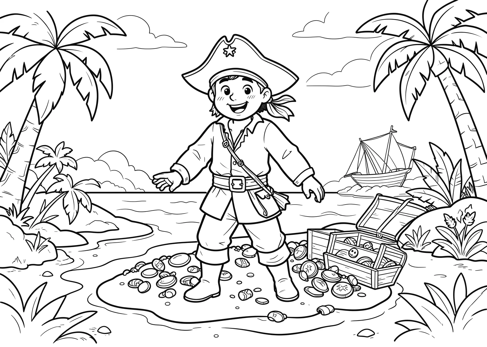 Ausmalbild Pirat sucht einen Schatz auf einer Insel - Ausmalbild aus der Kategorie Maerchen - kostenlos ausdrucken