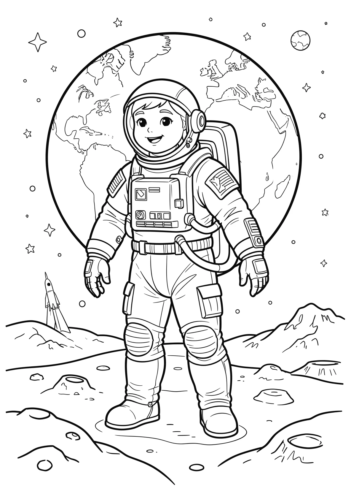 Ausmalbild Astronaut steht auf dem Mond mit Erde im - Ausmalbild aus der Kategorie Berufe - kostenlos ausdrucken