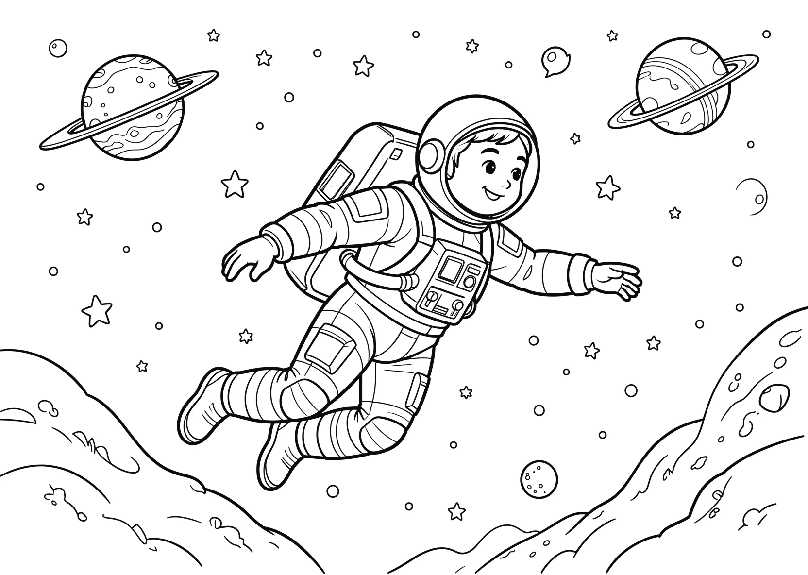 Ausmalbild Astronaut fliegt mit einem Jetpack durch den - Ausmalbild aus der Kategorie Berufe - kostenlos ausdrucken