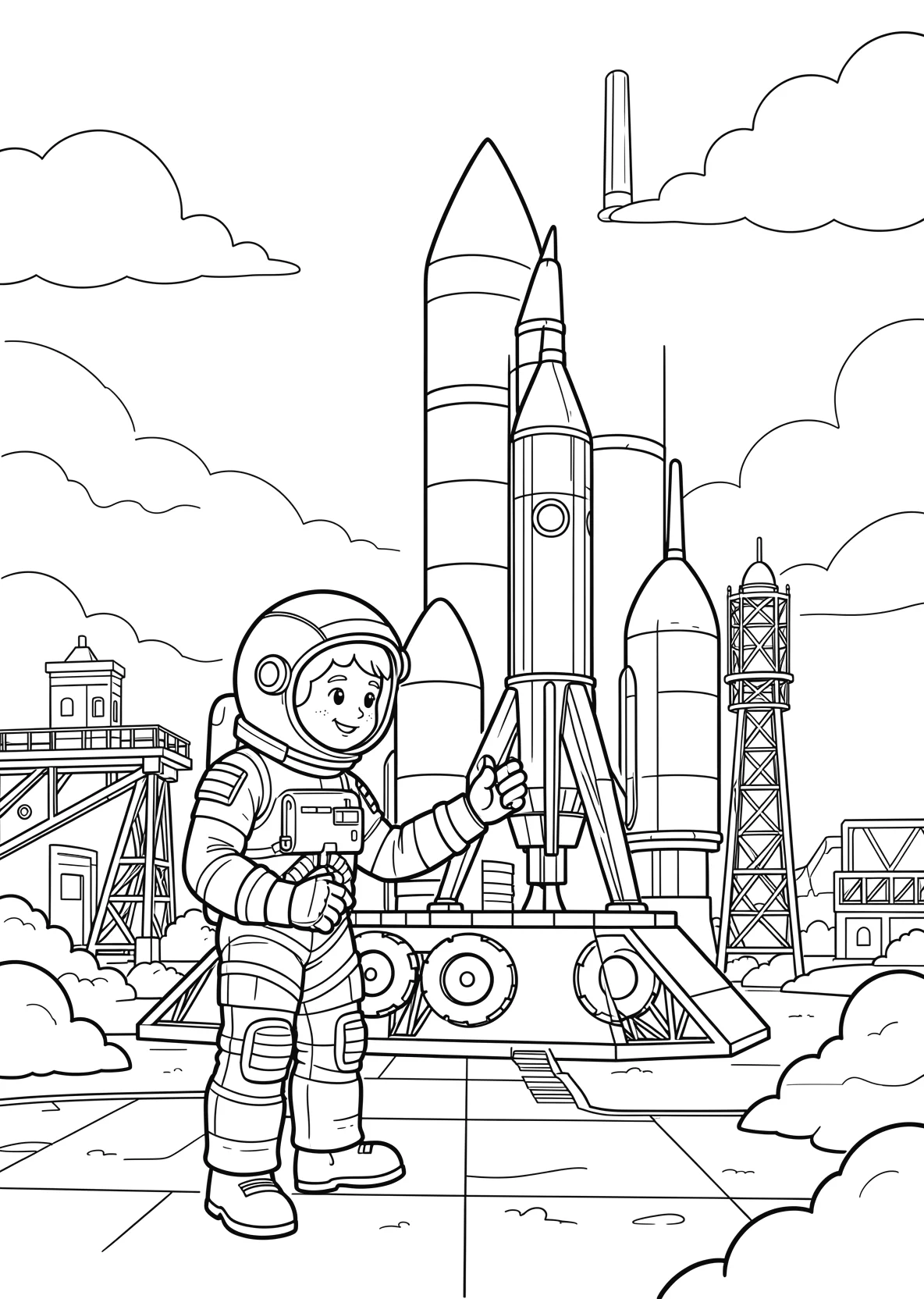 Ausmalbild Astronaut steht vor einer Rakete auf einer - Ausmalbild aus der Kategorie Berufe - kostenlos ausdrucken