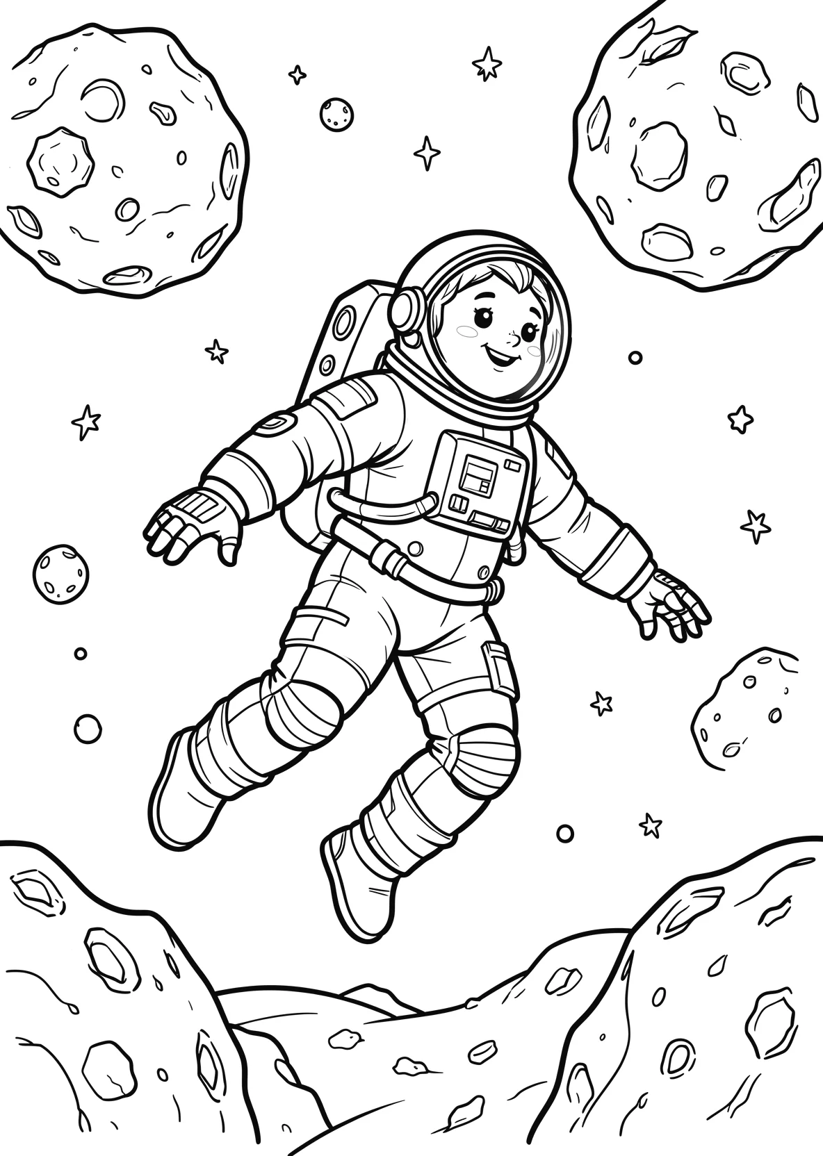 Ausmalbild Astronaut schwebt zwischen Asteroiden im Weltraum - Ausmalbild aus der Kategorie Berufe - kostenlos ausdrucken