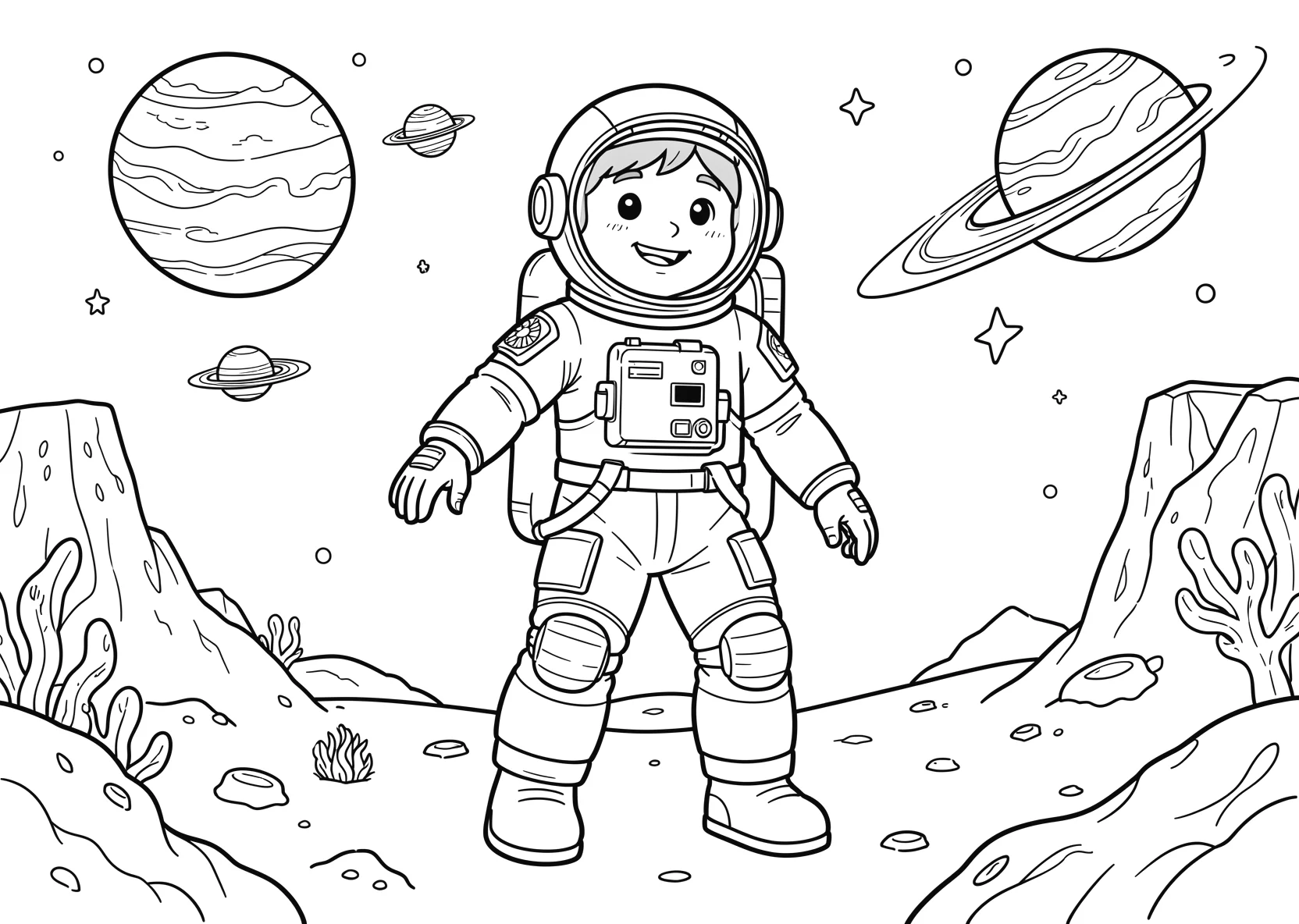 Ausmalbild Astronaut entdeckt einen neuen Planeten - Ausmalbild aus der Kategorie Berufe - kostenlos ausdrucken