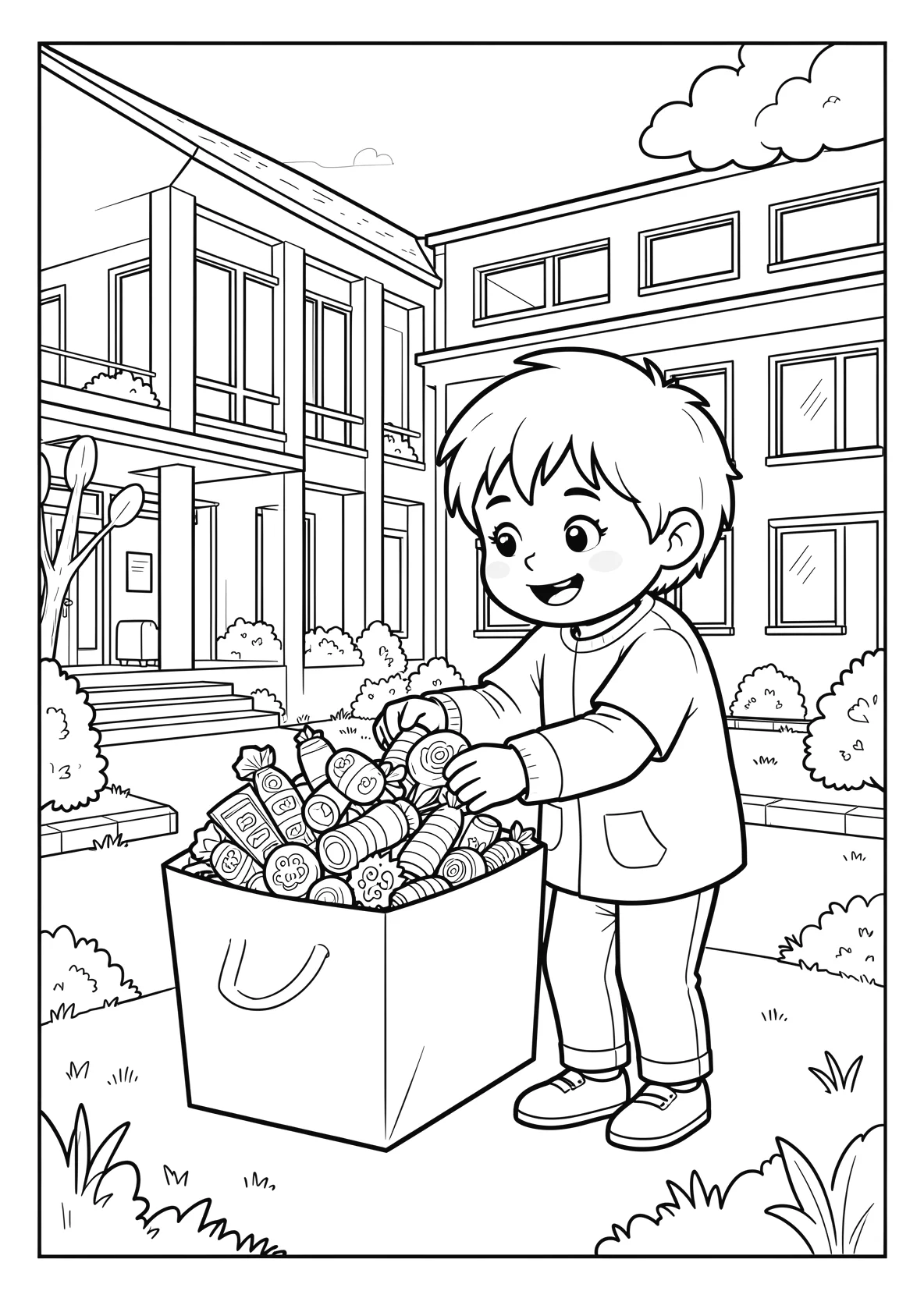 Ausmalbild Kind öffnet seine große Schultüte voller - Ausmalbild aus der Kategorie Sonstiges - kostenlos ausdrucken