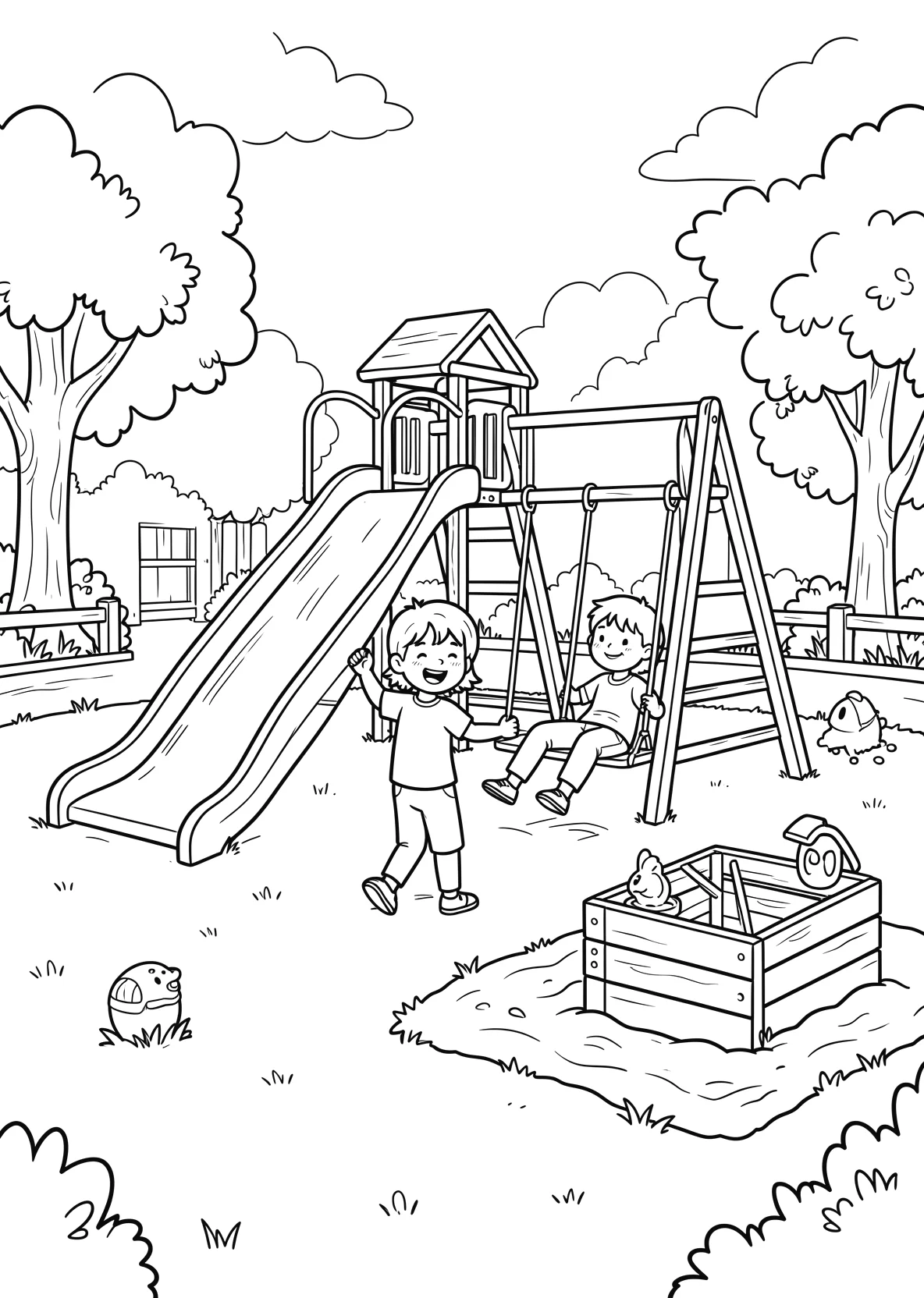 Ausmalbild Kinder spielen im Kindergarten auf einem - Ausmalbild aus der Kategorie Berufe - kostenlos ausdrucken