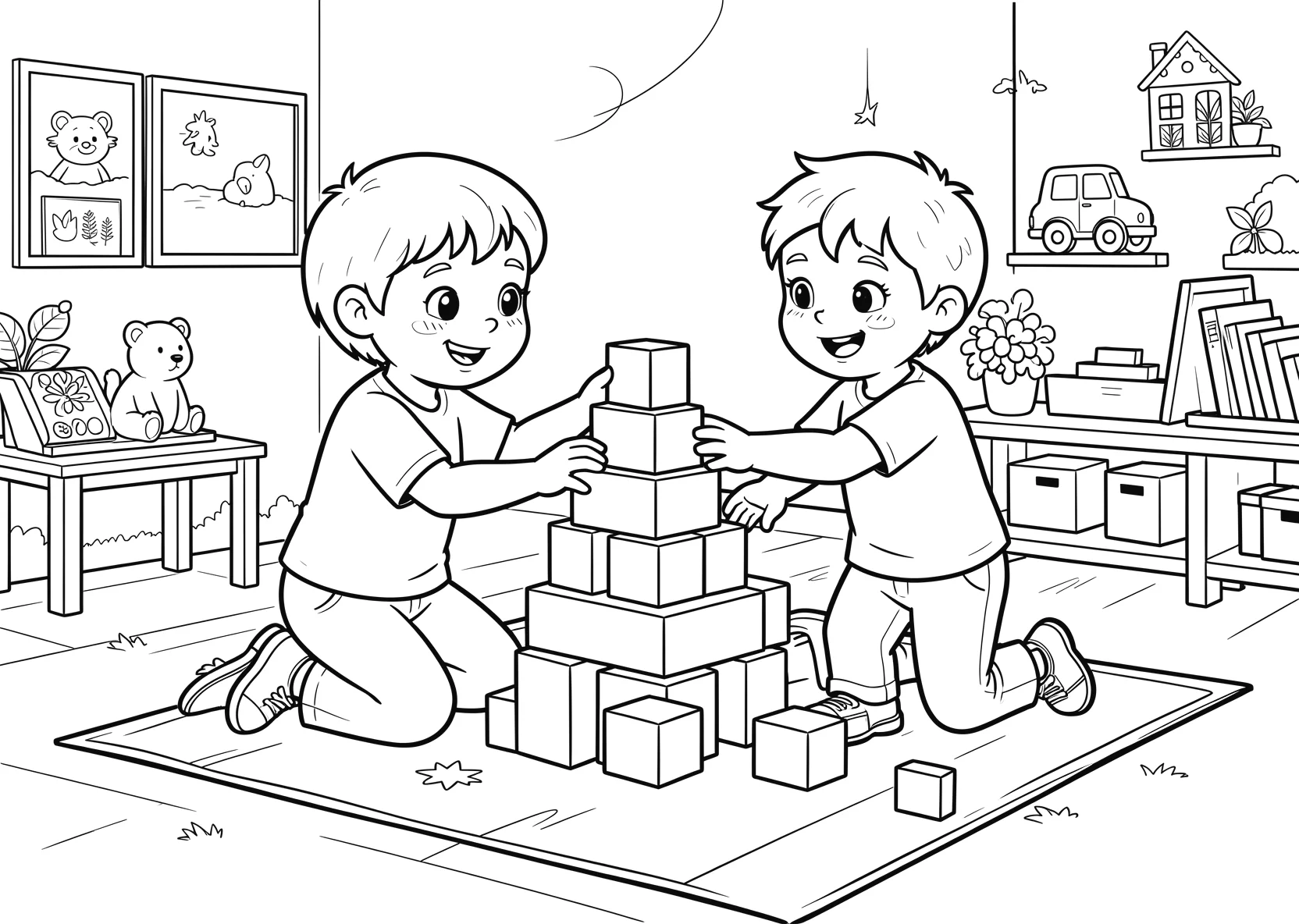 Ausmalbild Kinder bauen im Kindergarten einen Turm aus - Ausmalbild aus der Kategorie Berufe - kostenlos ausdrucken