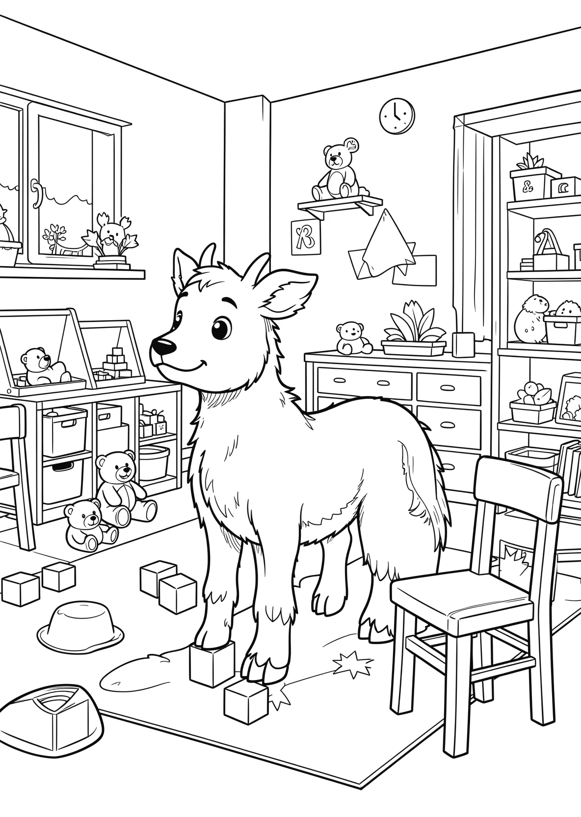 Ausmalbild Kindergartenraum mit Spielzeug - Ausmalbild aus der Kategorie Berufe - kostenlos ausdrucken