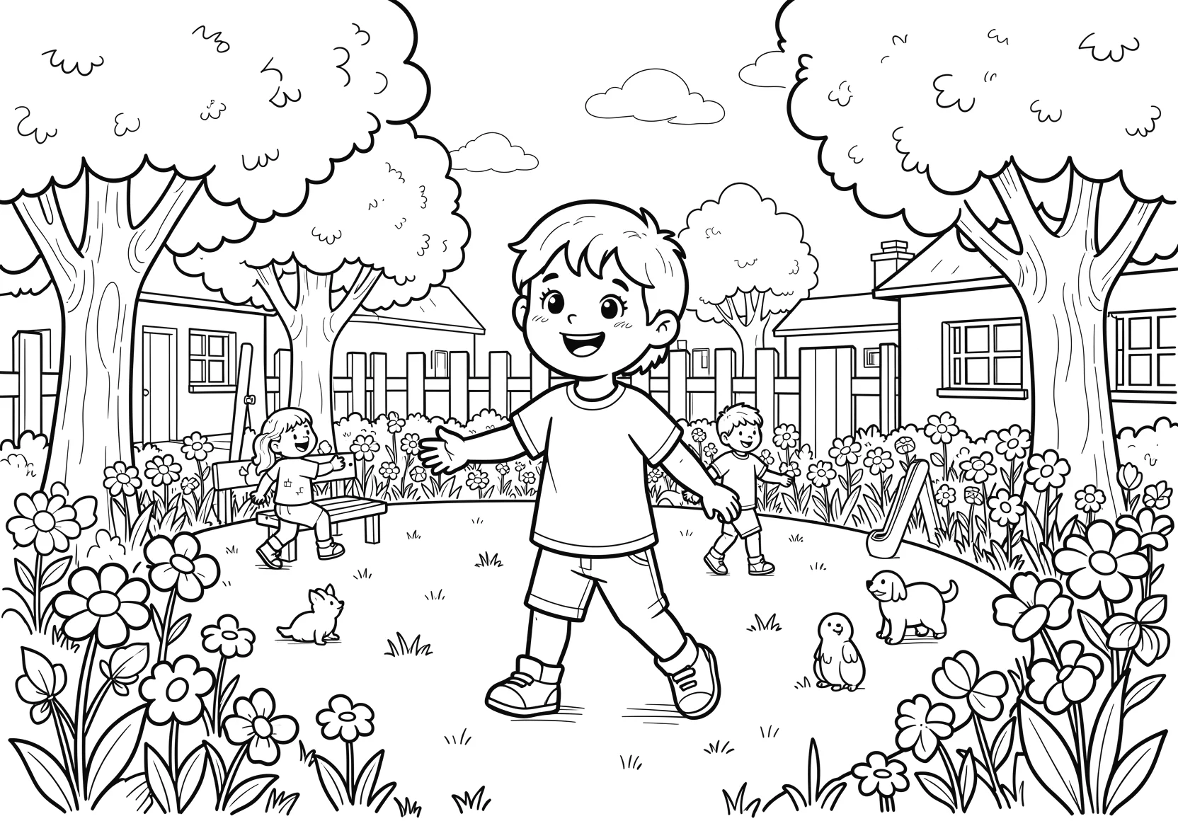 Ausmalbild Kinder spielen im Garten eines Kindergartens mit - Ausmalbild aus der Kategorie Berufe - kostenlos ausdrucken