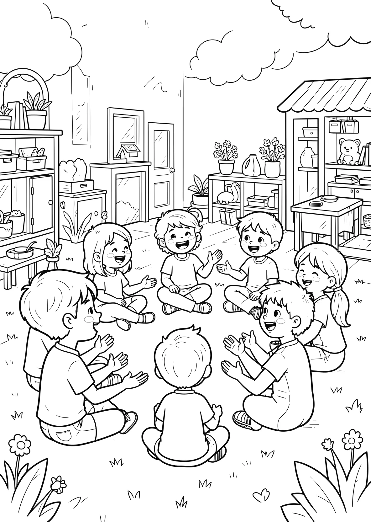 Ausmalbild Kinder sitzen im Kreis - Ausmalbild aus der Kategorie Berufe - kostenlos ausdrucken