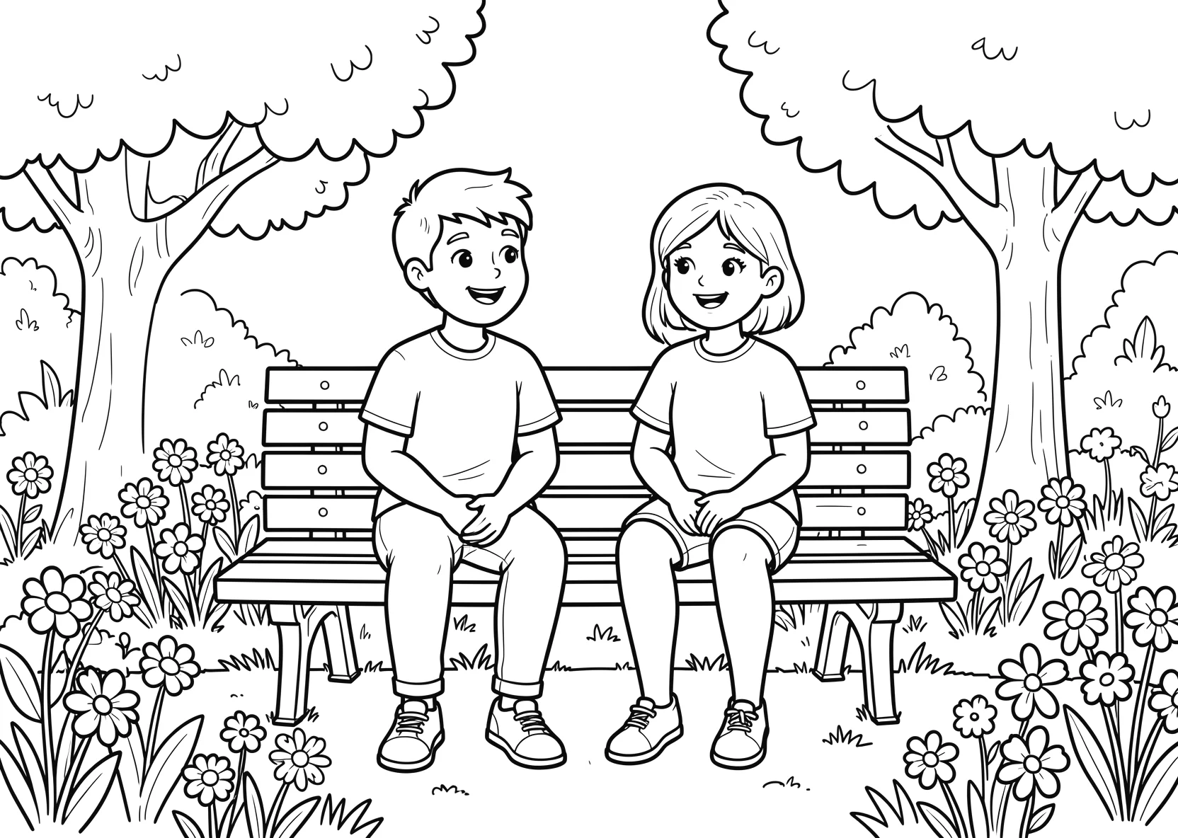 Ausmalbild Zwei beste Freunde sitzen auf einer Bank im Park - Ausmalbild aus der Kategorie Natur - kostenlos ausdrucken