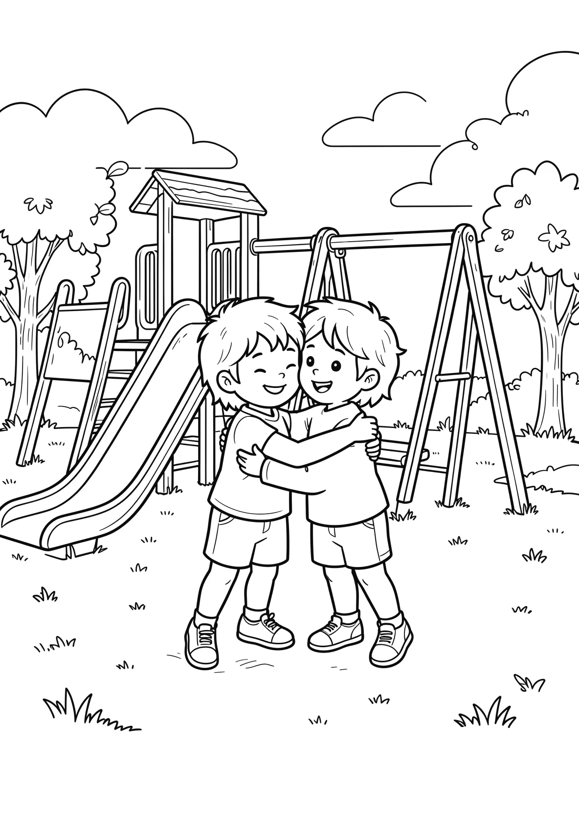 Ausmalbild Kinder umarmen sich auf einem Spielplatz mit - Ausmalbild aus der Kategorie Berufe - kostenlos ausdrucken