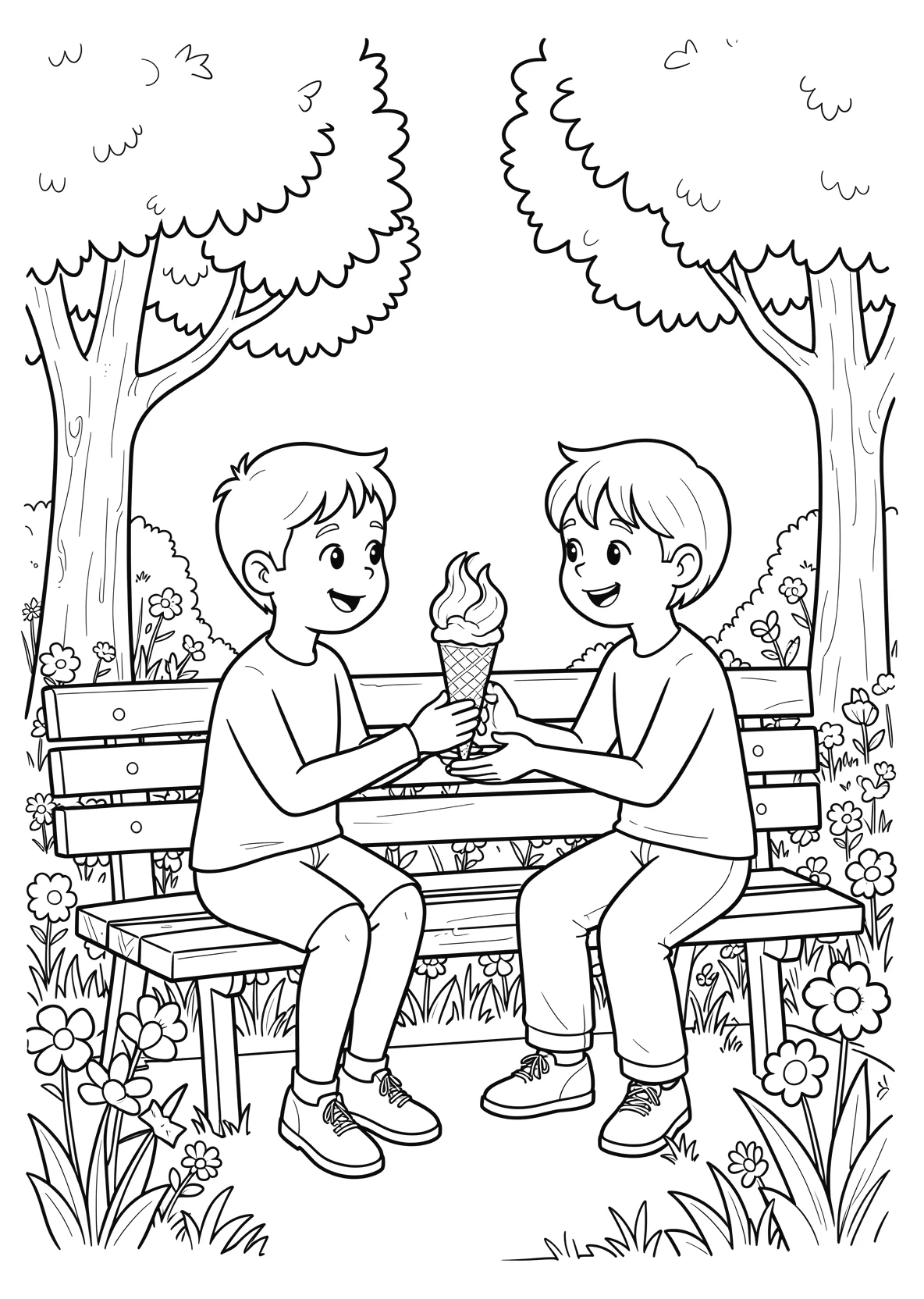 Ausmalbild Freunde teilen ein Eis auf einer Parkbank mit - Ausmalbild aus der Kategorie Essen - kostenlos ausdrucken