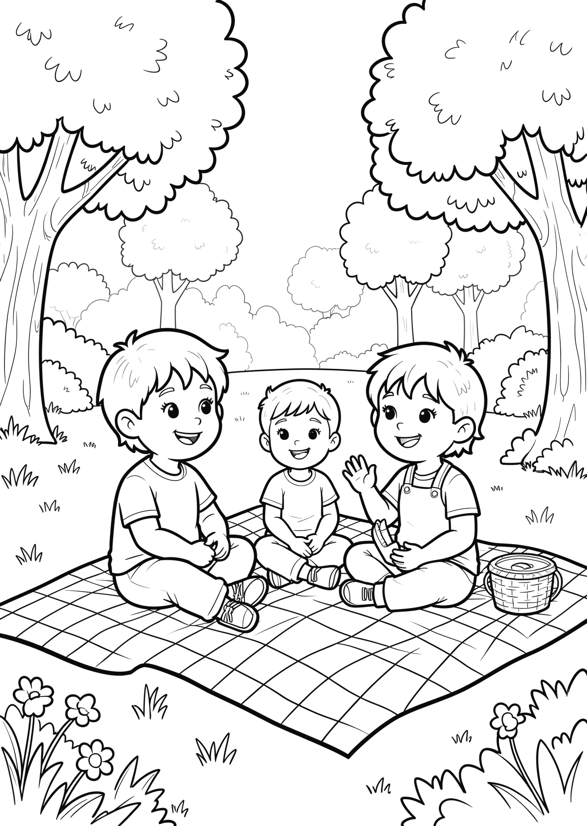 Ausmalbild Kinder sitzen zusammen auf einer Picknickdecke im - Ausmalbild aus der Kategorie Sonstiges - kostenlos ausdrucken