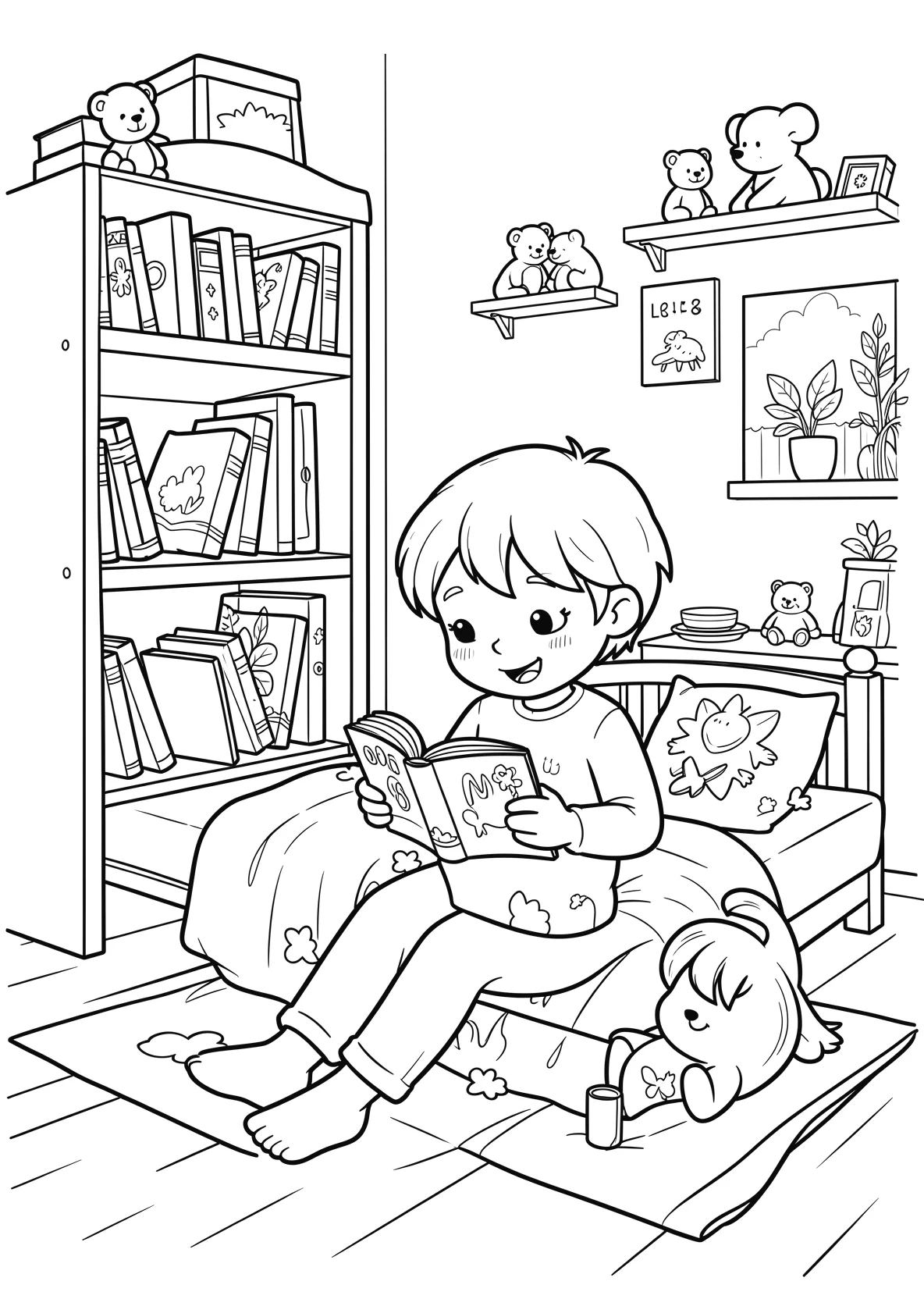 Ausmalbild Gemütliches Kinderzimmer mit Bett - Ausmalbild aus der Kategorie Berufe - kostenlos ausdrucken