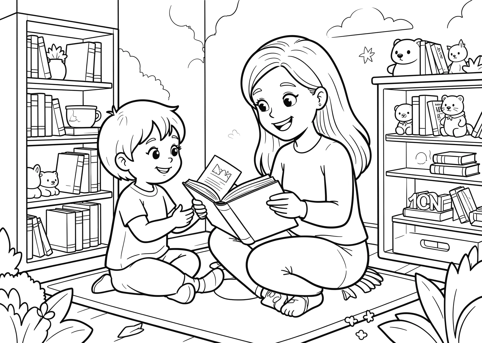 Ausmalbild Kinder hören zu - Ausmalbild aus der Kategorie Berufe - kostenlos ausdrucken