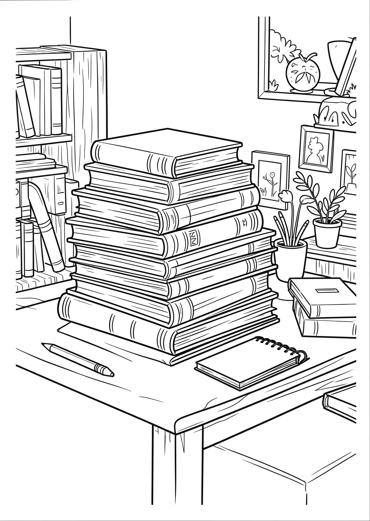 Ausmalbild Großer Stapel Bücher liegt auf einem Tisch mit - Ausmalbild aus der Kategorie Sonstiges - kostenlos ausdrucken