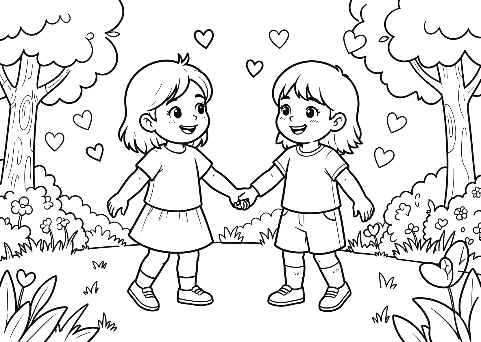 Ausmalbild Zwei Kinder halten sich an den Händen mit - Ausmalbild aus der Kategorie Sonstiges - kostenlos ausdrucken