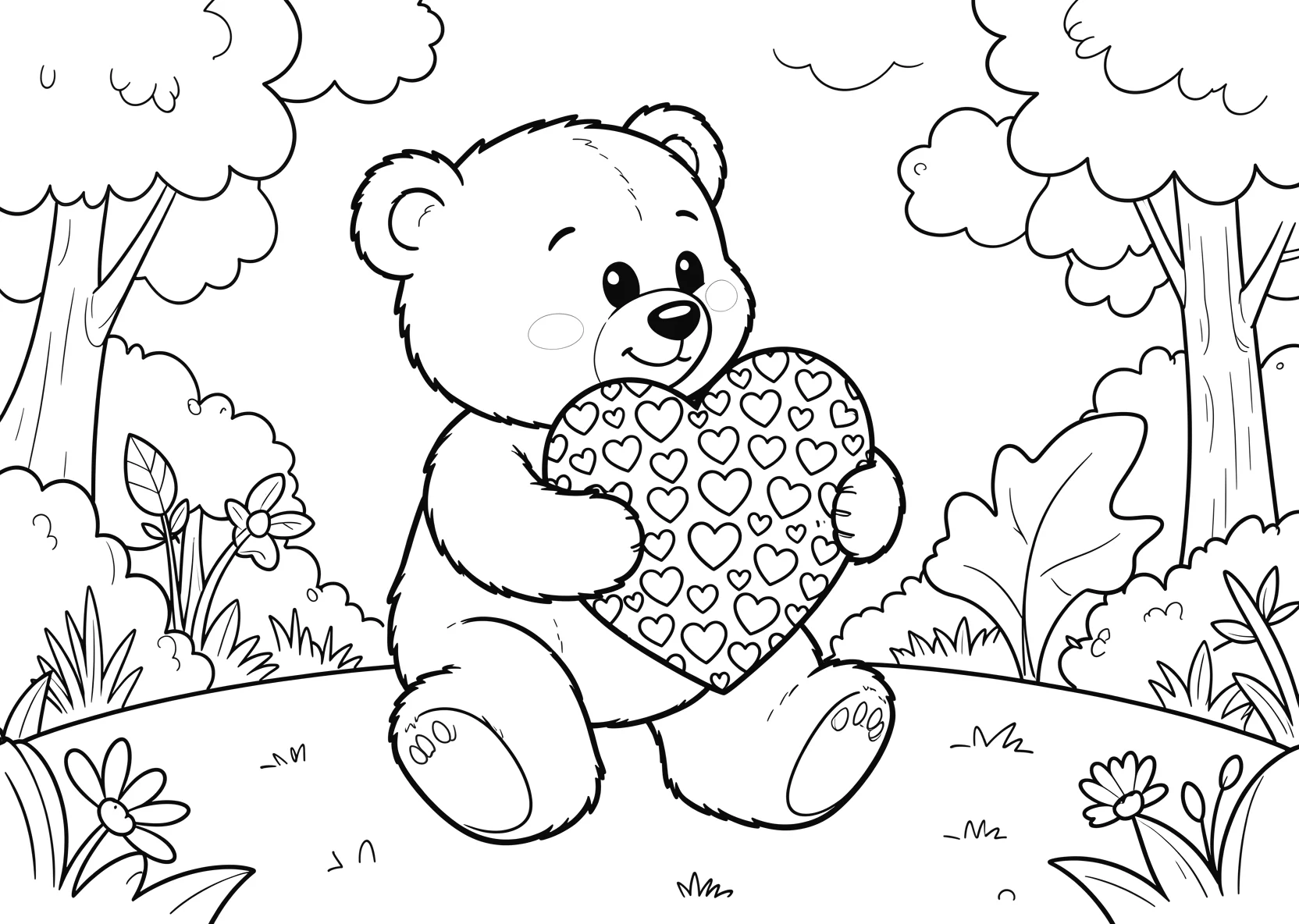 Ausmalbild Teddybär hält ein großes Herz mit vielen kleinen - Ausmalbild aus der Kategorie Tiere - kostenlos ausdrucken