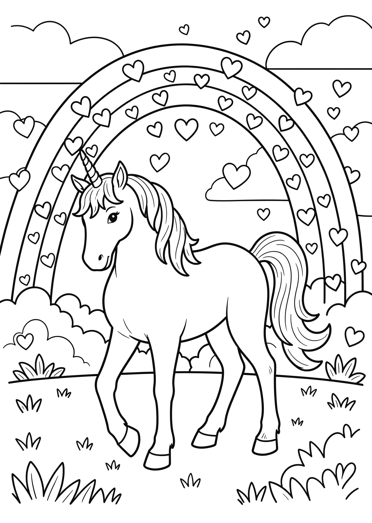 Ausmalbild Einhorn steht vor einem Regenbogen mit vielen - Ausmalbild aus der Kategorie Maerchen - kostenlos ausdrucken