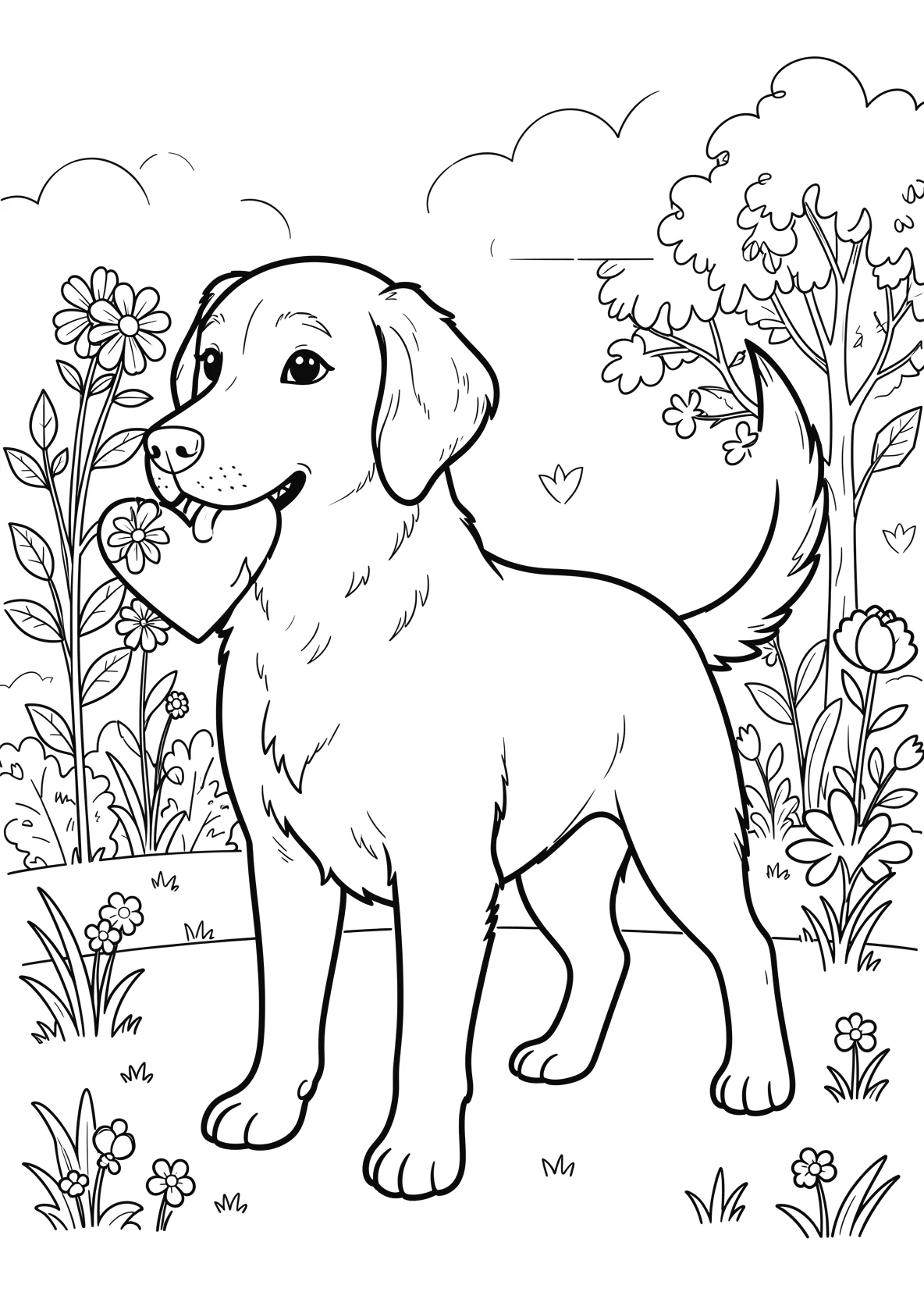 Ausmalbild Hund hält ein Herz im Maul mit Blumen im - Ausmalbild aus der Kategorie Tiere - kostenlos ausdrucken
